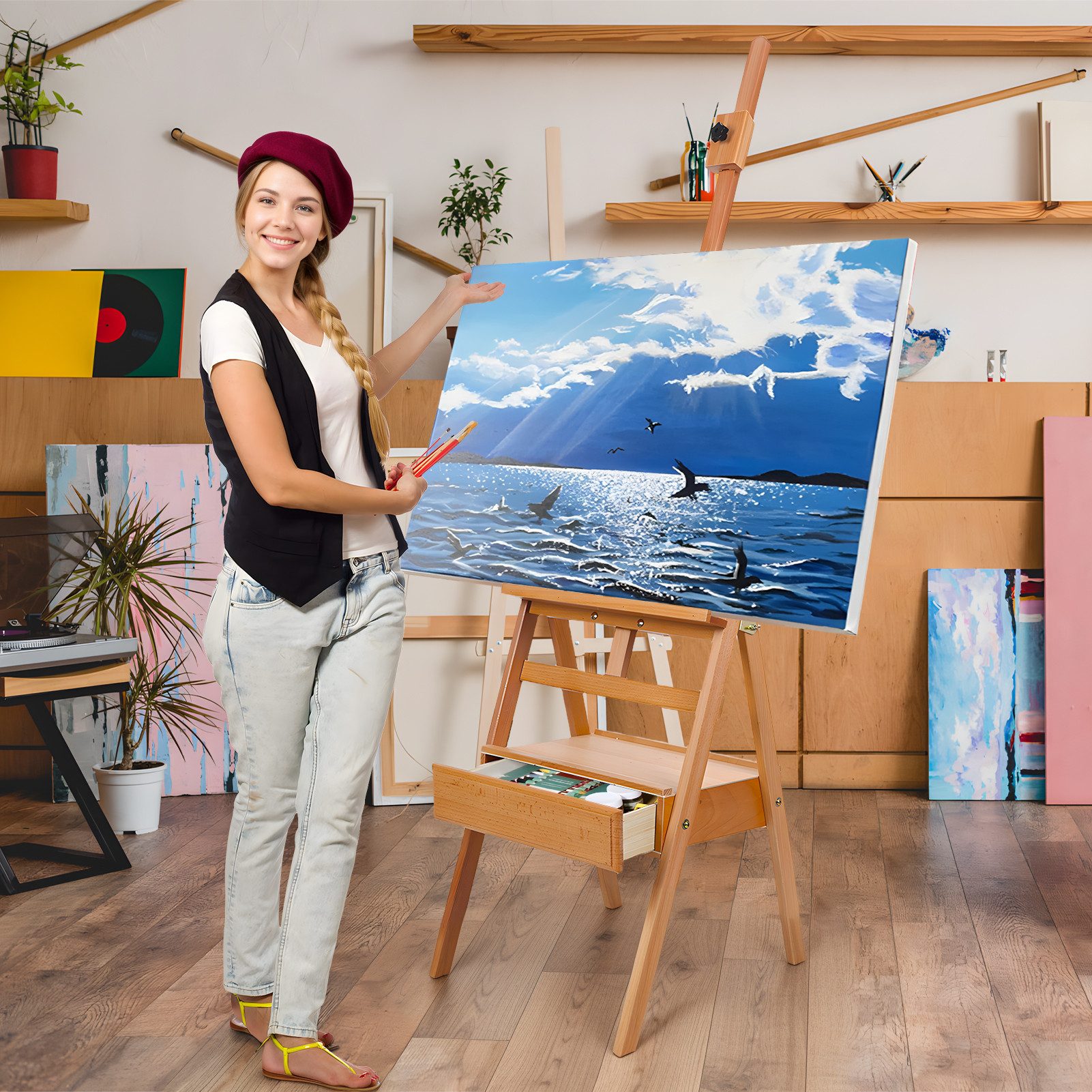 Rutaqian Staffelei H-Rahmen-Staffelei,mit Schublade,Staffelei aus massivem Buchenholz, neigbare flache Künstlerstaffelei, Höhenwinkel einstellbar