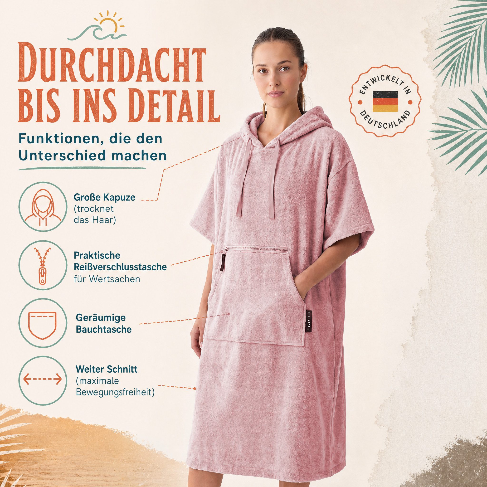 SIEGENTHAL Badetücher SIEGENTHAL® Strandponcho für Damen, Herren & Kinder aus Baumwolle, Integrierte Reißverschlusstasche für Wertsachen