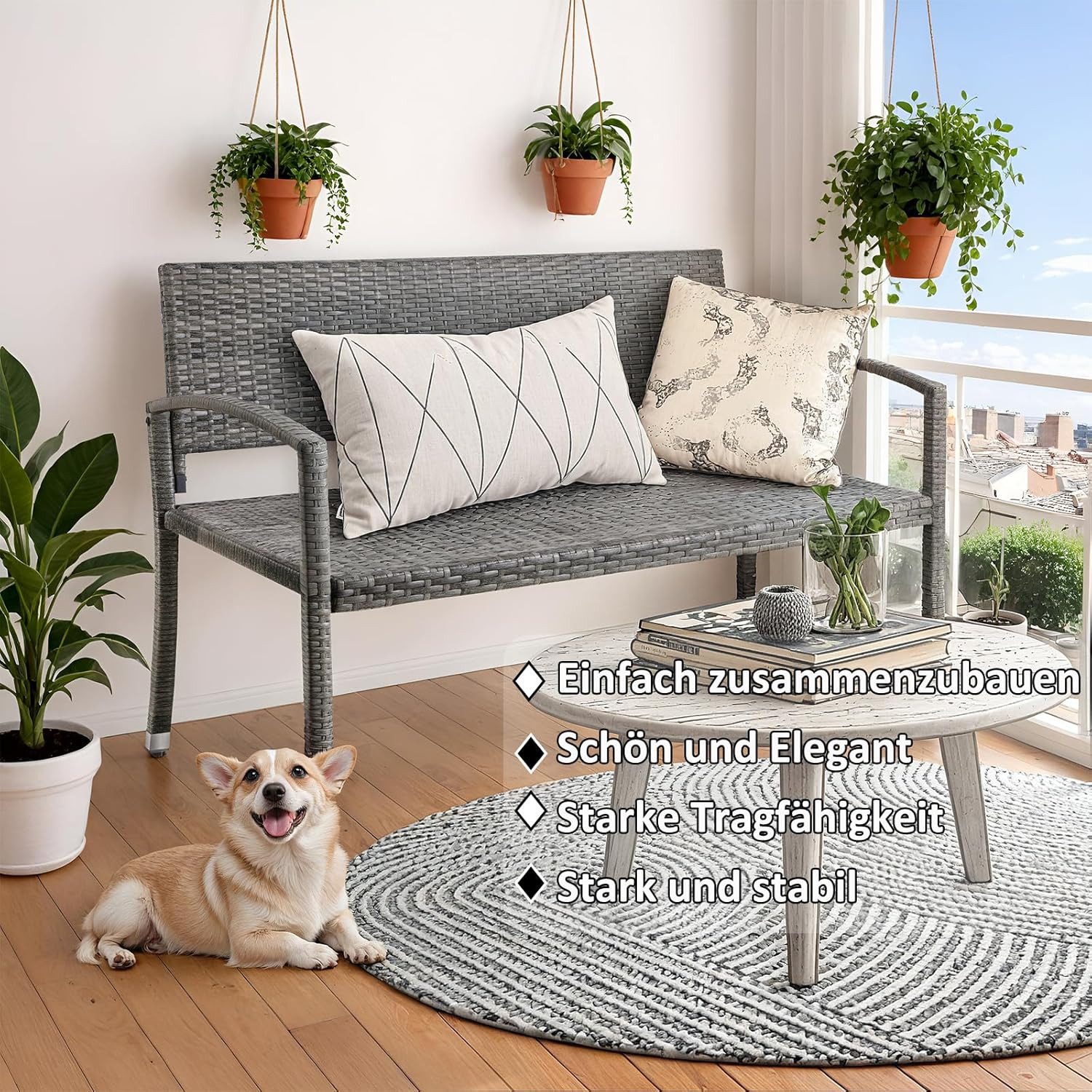 TLGREEN Gartenbank Polyrattan Sitzbank Wetterfest, 2 Sitzer Parkbank (Rattanbank), aus UV-beständigem Polyrattan-Geflecht