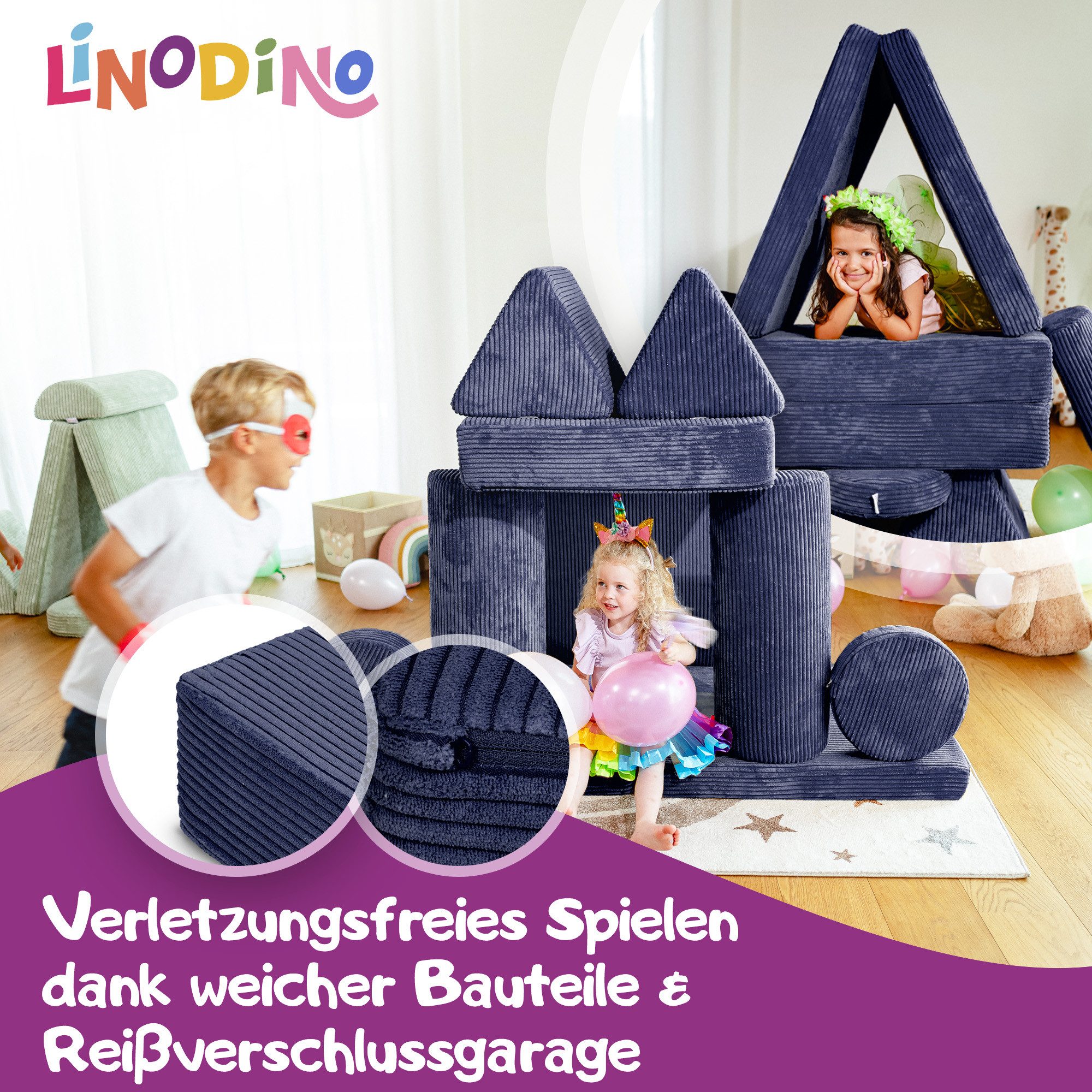 Linodino Kindersofa Spielsofa I Schaumstoff Stapelsteine für Kinder I Kindercouch, 3 Jahre Garantie