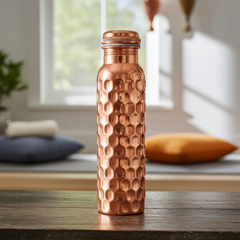 Yogishop Trinkflasche Kupferflasche diamant, 0,9 l, Edle Wasserflasche aus Kupfer.