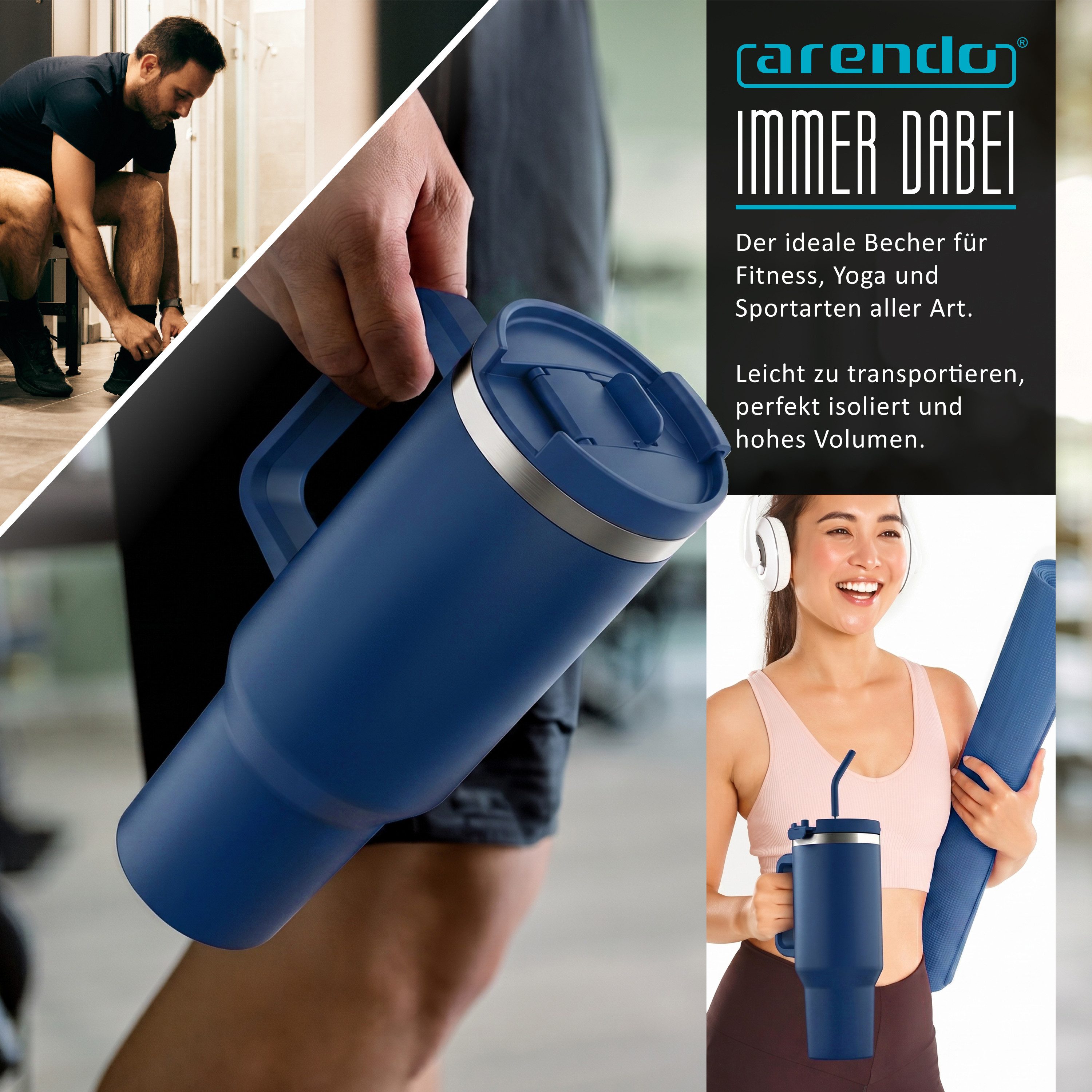 Arendo Thermobecher Tumbler 1200 ml, Becher mit Deckel, Henkel und Strohhalm, Thermal Mug, 1-tlg., Edelstahl, kohlensäuregeeignet, auslaufsicher, doppelwandig,  – Bild 5 von 5