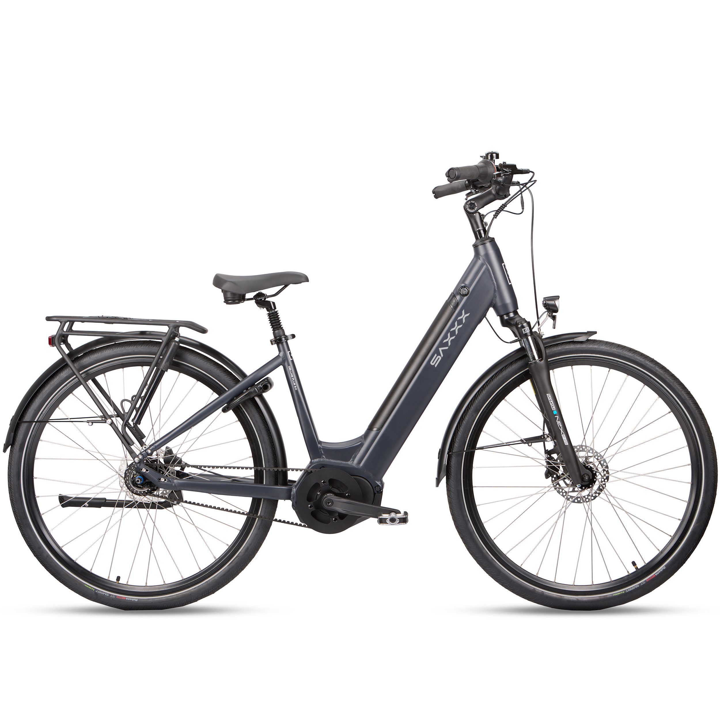 SAXXX E-Bike Damen 28 Zoll Herren, Riemenantrieb, Cityrad, Drehmomentsensor, Federsattelstütze, 7 Gang Shimano Nexus SG-C3001-7D Schaltwerk, Nabenschaltung, Mittelmotor, 468 Wh, (LCD-Farbdisplay, 5 Stufen, Alu-Tiefeinsteiger, hydr. Scheibenbremsen), bis 100km, Synchronriemenantrieb, Elektrofahrrad, 95 % vormontiert