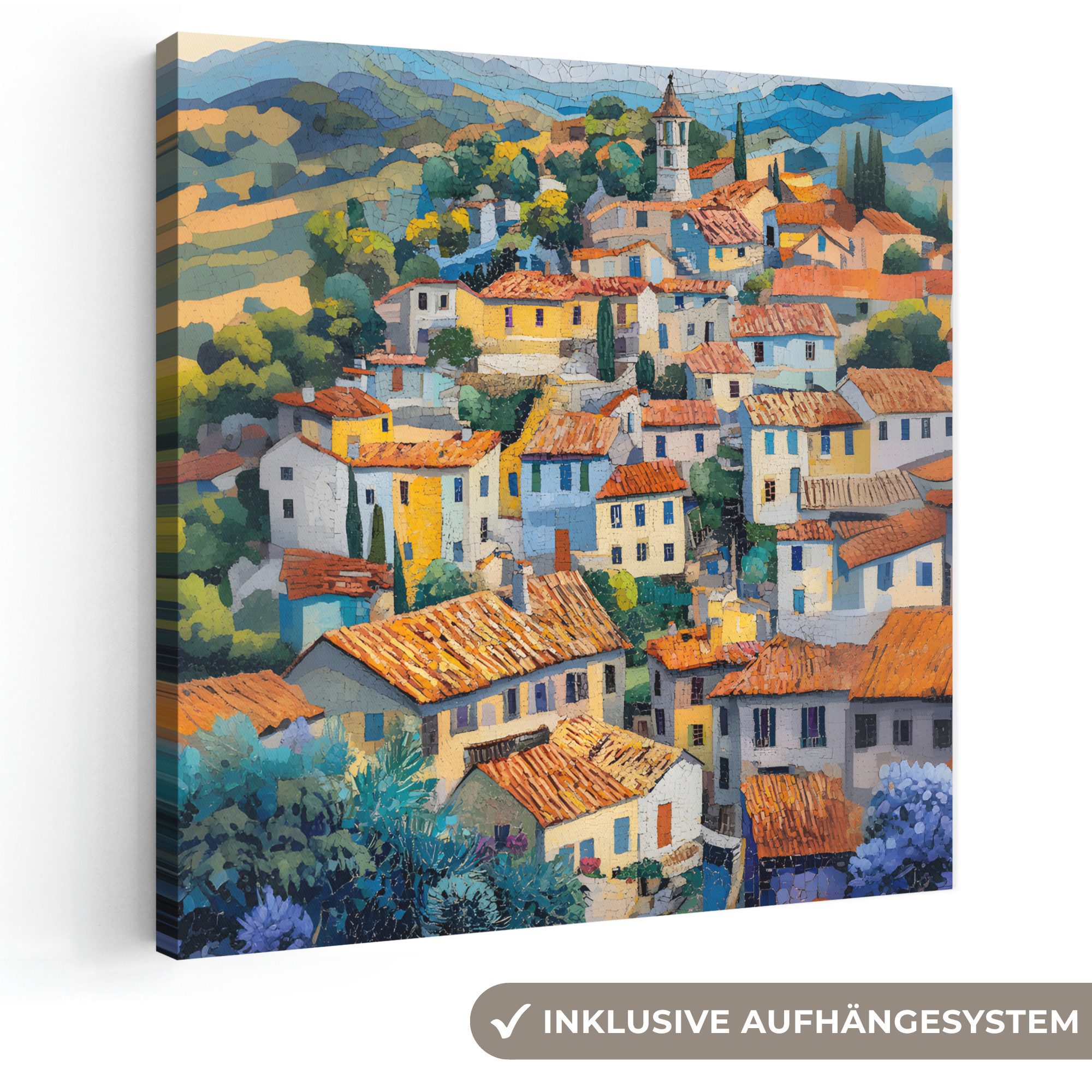 OneMillionCanvasses® Leinwandbild Dorf - Hügel - Landschaft - Bäume, Fotodruck (1 St), Wandbild, Deko Schlafzimmer Wohnzimmer Flur 20x20 cm