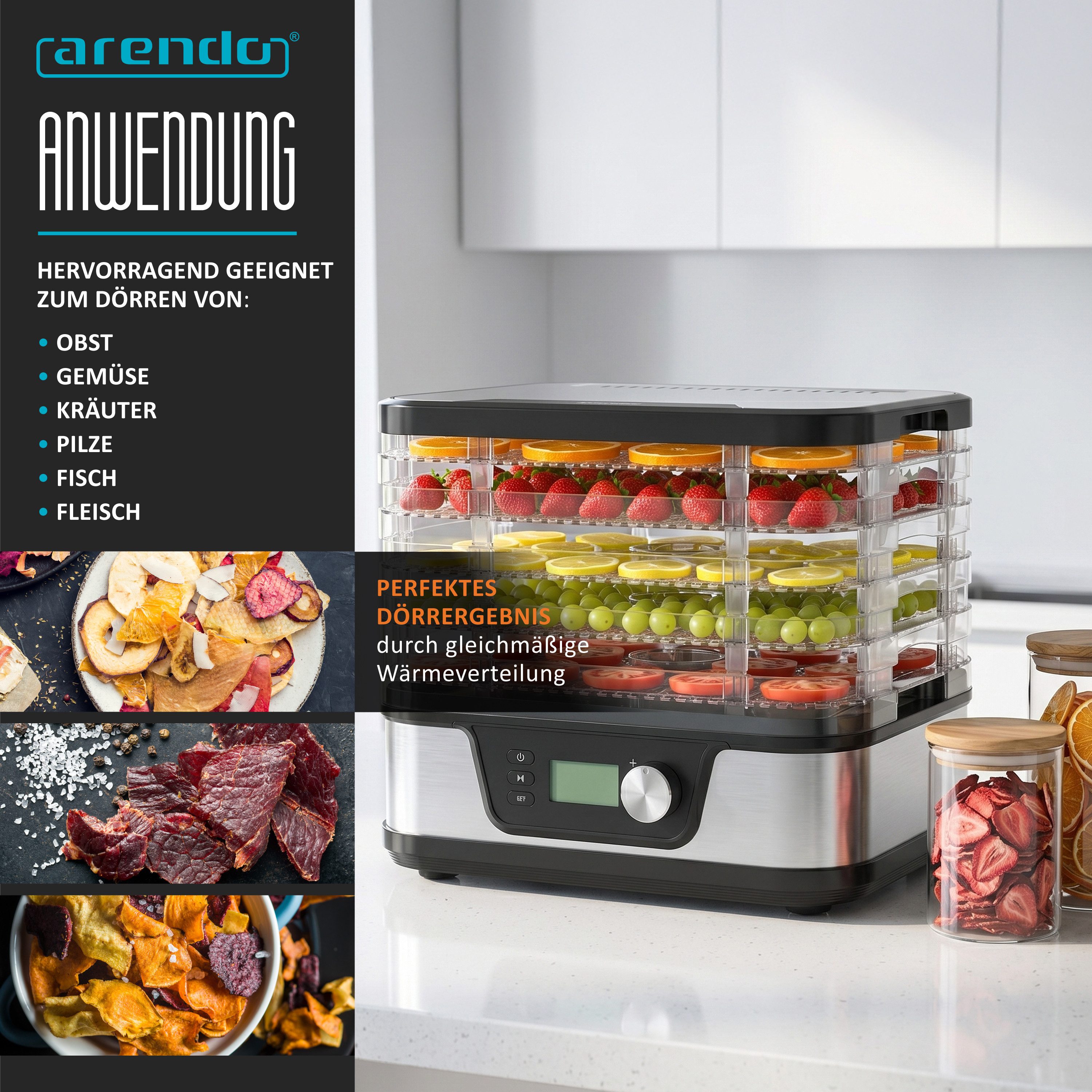 Arendo Dörrautomat mit Temperaturregler, 5 Etagen, 35-75°C, Edelstahl, Dörrgerät, Display 380 W, 5 Etagen, Timer 24h, BPA-frei, für Fleisch/Obst/Gemüse, 5 Einle – Bild 4 von 5