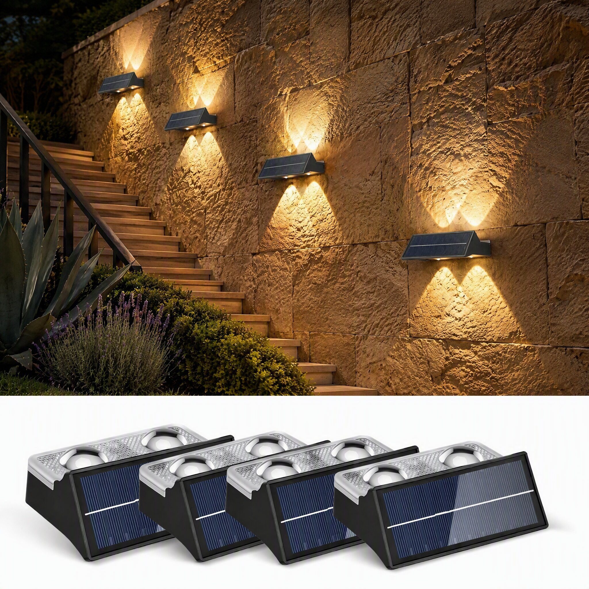 oyajia LED Außen-Wandleuchte 2/4 st Solar Wandleuchte Aussen, RGB Einstellbar Solarlampen für Außen, LED fest integriert, RGB, RGB 9 Farben Solarleuchte für Zaun Wand Terrasse Garten Balkon Deko