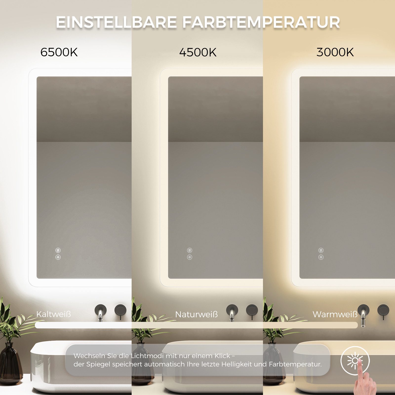 IMPTS Badspiegel mit LED Beleuchtung Badezimmerspiegel rahmenlos Rechteckig Wandspiegel (Vertikal und Horizontal möglich, IP44, Beschlagfrei, 3 Farben des Licht – Bild 4 von 5