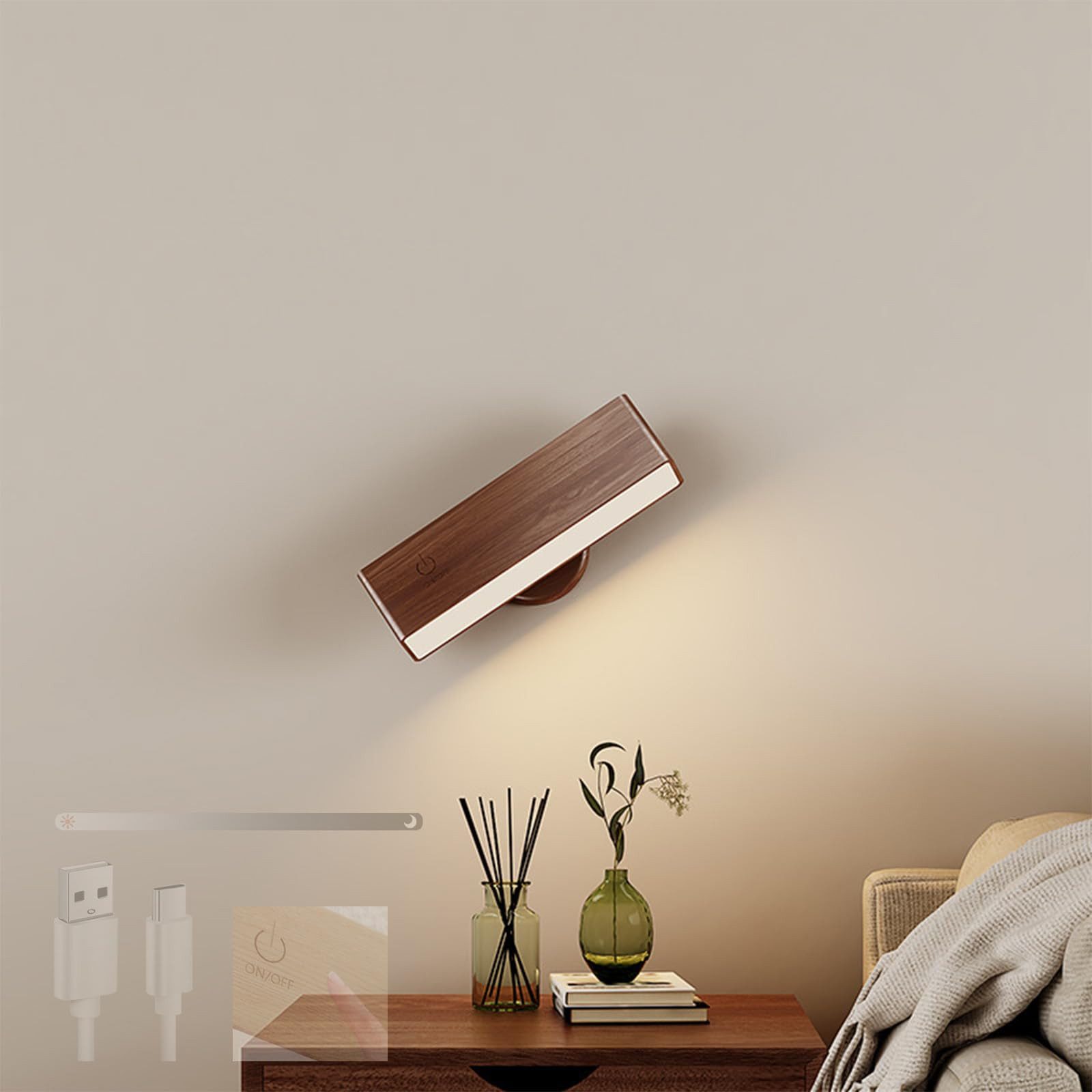 LED Wandleuchte Wandlampe Akku Innen, 360° Drehbar Batterie Leselampe