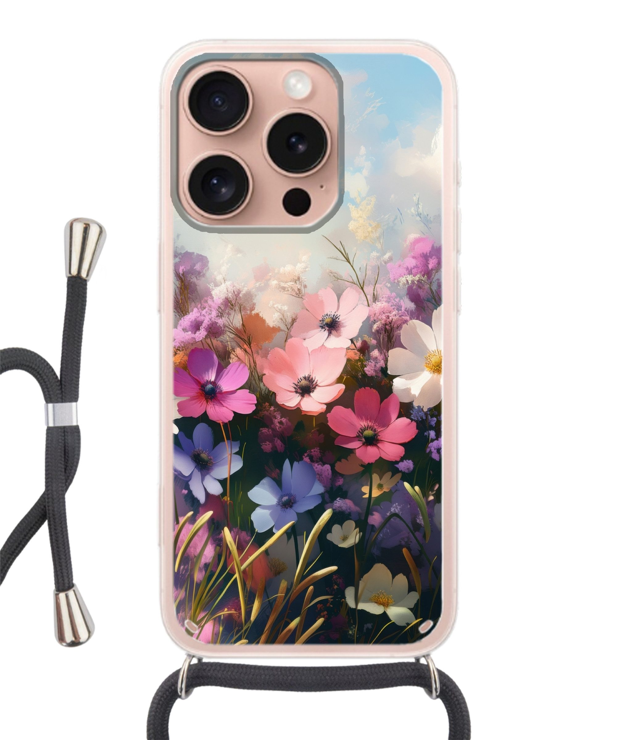 MuchoWow Handyhülle für Apple iPhone 16 Pro Blumen - Bunt - Blühend, Tragbare Handyhüllen mit Kette zum umhängen, Handykette Handyband
