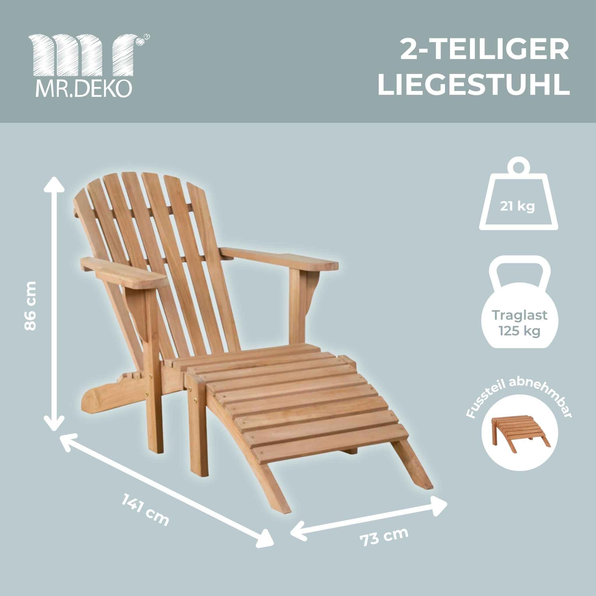 MR.DEKO Gartenlounge-Set Teakholz Liegestuhl Set 2x Adirondack Sessel mit Hocker + Klapptisch, (3-teilige Garten-Liegegruppe mit 2 Deckchairs und Tisch), Massives Plantagen-Teakholz unbehandelt witterungsbeständig & stabil