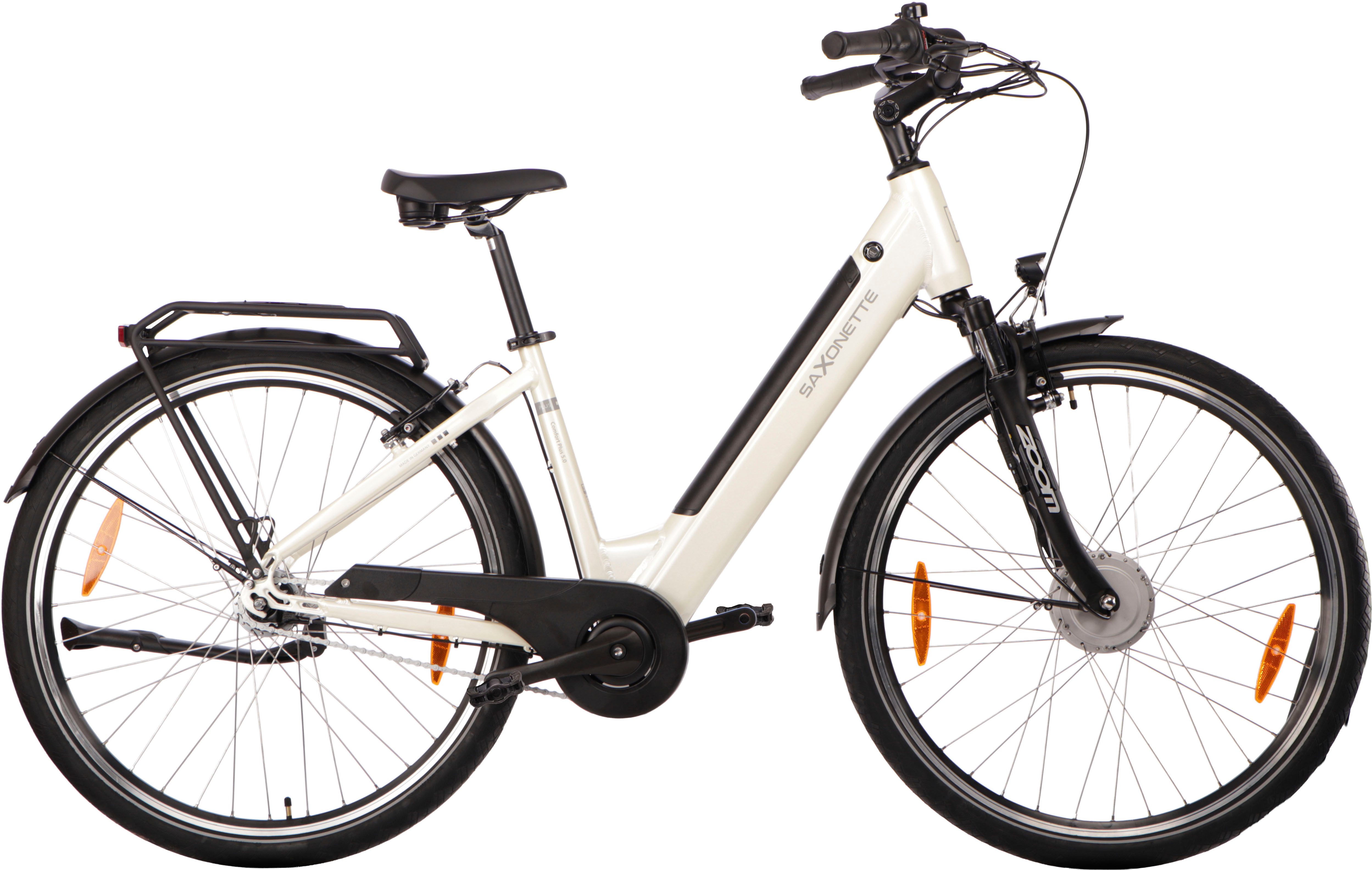 SAXONETTE E-Bike Cityrad SAXONETTE Comfort Plus 5.0 E-Bike Damen 28 Zoll, 7 Gang Shimano Nexus 7 Gänge Schaltwerk, Nabenschaltung, Frontmotor, 468 Wh, (Packung), (mit integr. Akku), Elektrofahrrad für Alltag und Einkauf