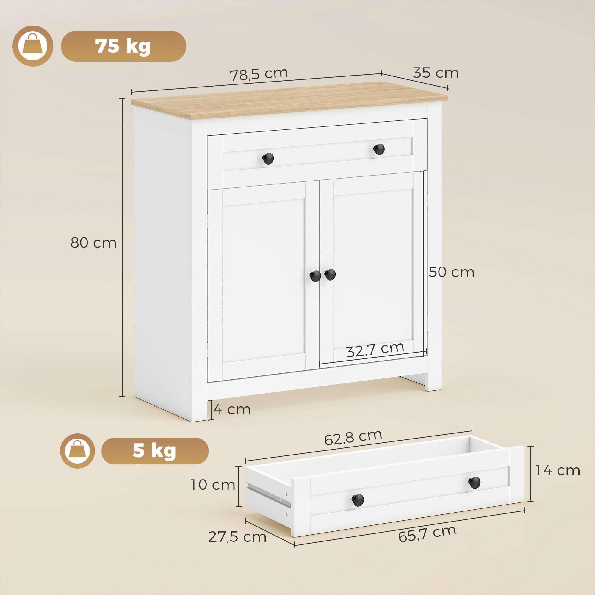 HOMCOM Sideboard mit Schublade, Doppeltür, Verstellbarer Einlegeboden (Küchenschrank, 1 St., Moderner Aufbewahrungsschrank), für Wohnzimmer, Schlafzimmer 78,5 x 35 x 80 cm Weiß