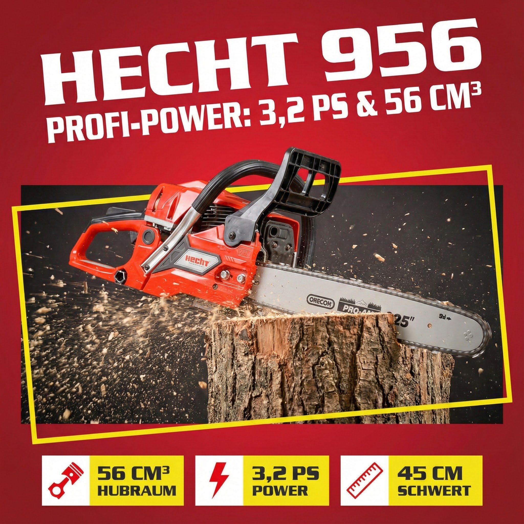 Hecht Benzin-Kettensäge Motorsäge 956, 2,35 kW / 3,2 PS, 56 cm³, 5,6 kg, 45 günstig online kaufen