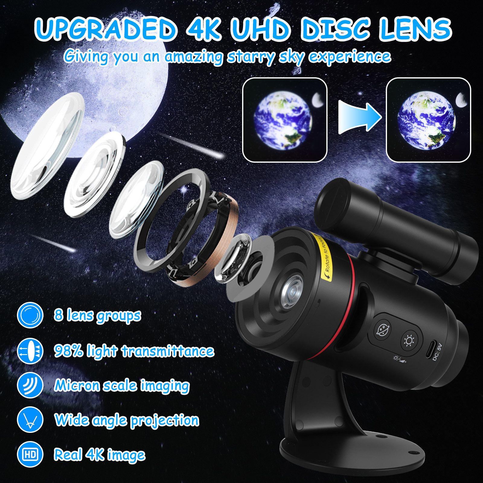 BlingBin LED-Sternenhimmel 4K HD Planetarium Projektor, 360°Drehung Galaxy Projector, Meteor Star Projektor Galaxy Light mit Timing, Farbwechsler, Skylight Nachtlicht mit Wandlampe für Kinderzimmer Schlafzimme