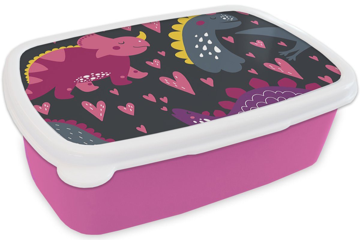 Lunchbox Kinder, - Kunststoff MuchoWow - Erwachsene, - Brotbox Snackbox, Rosa Brotdose für Mädchen, Dinosaurier (2-tlg), - Mädchen, Kind Kunststoff, Muster