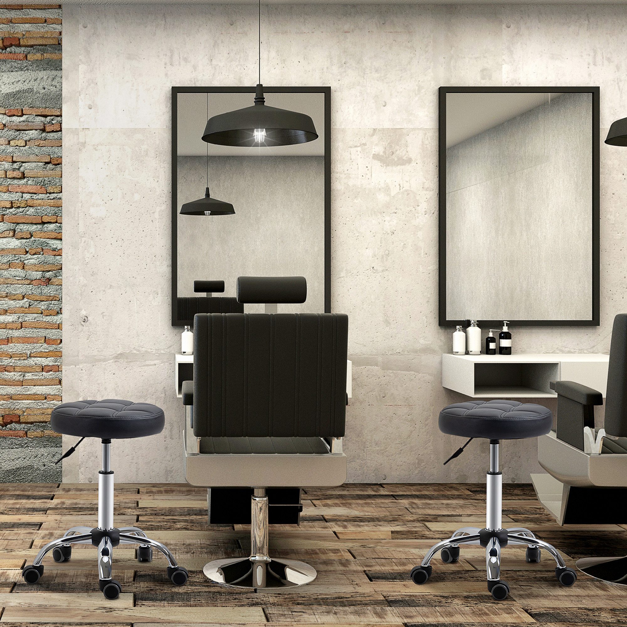 HOMCOM Rollsitz Drehhocker, 360° drehbar, Bürohocker für Büro, Salon, Massage,Spa (Arbeitshocker, 2 St., Rollhocker), Kunstleder Schwarz Ø35,5 x 48-63 cm