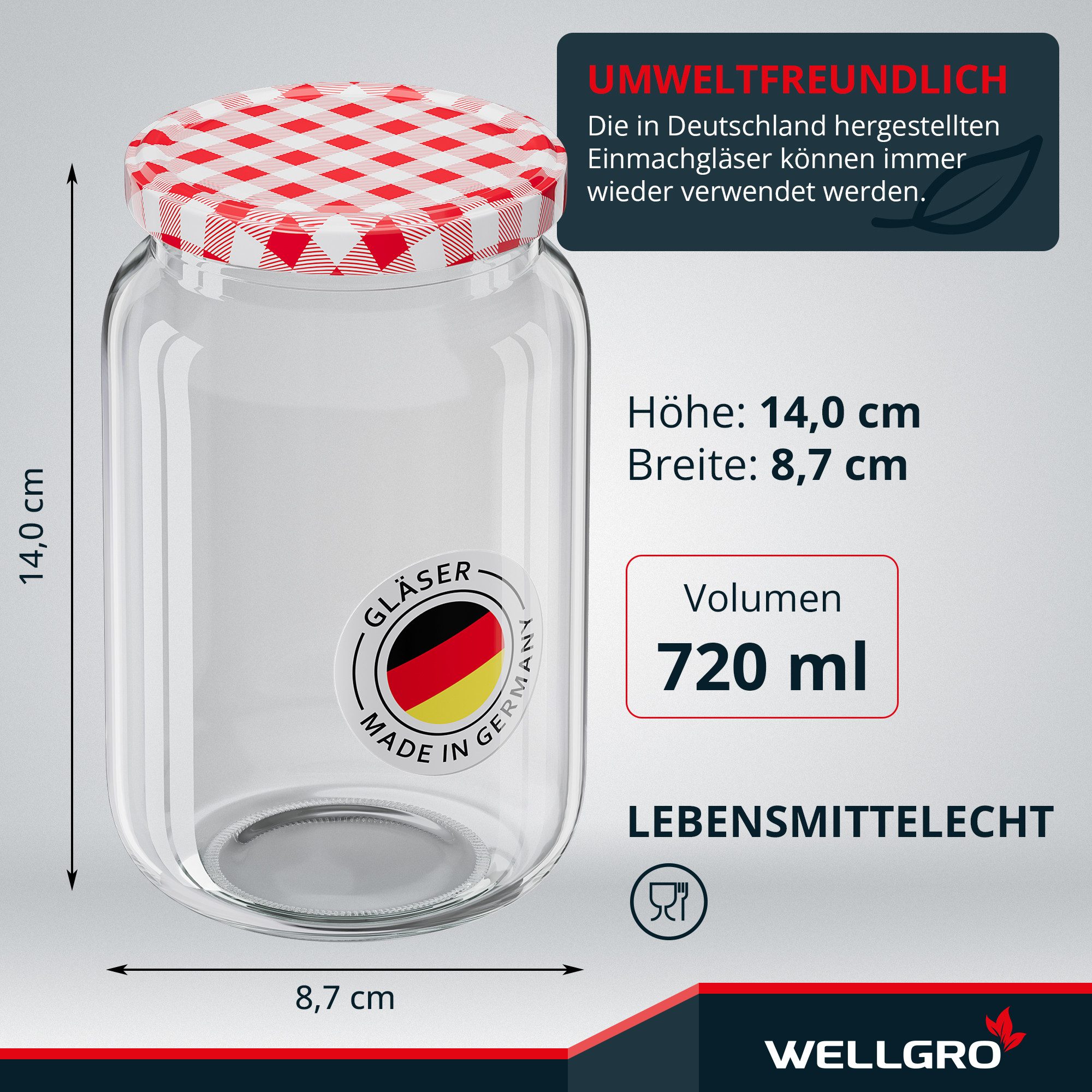 Wellgro Vorratsglas Einmachgläser mit Schraubdeckel TO 82, rot kariert, (6-tlg) – Bild 2 von 5