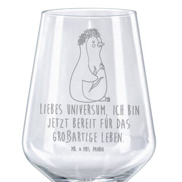 Mr. & Mrs. Panda Rotweinglas Pinguin Blumen - Transparent - Geschenk, Hochwertige Weinaccessoires, Premium Glas, Feine Lasergravur