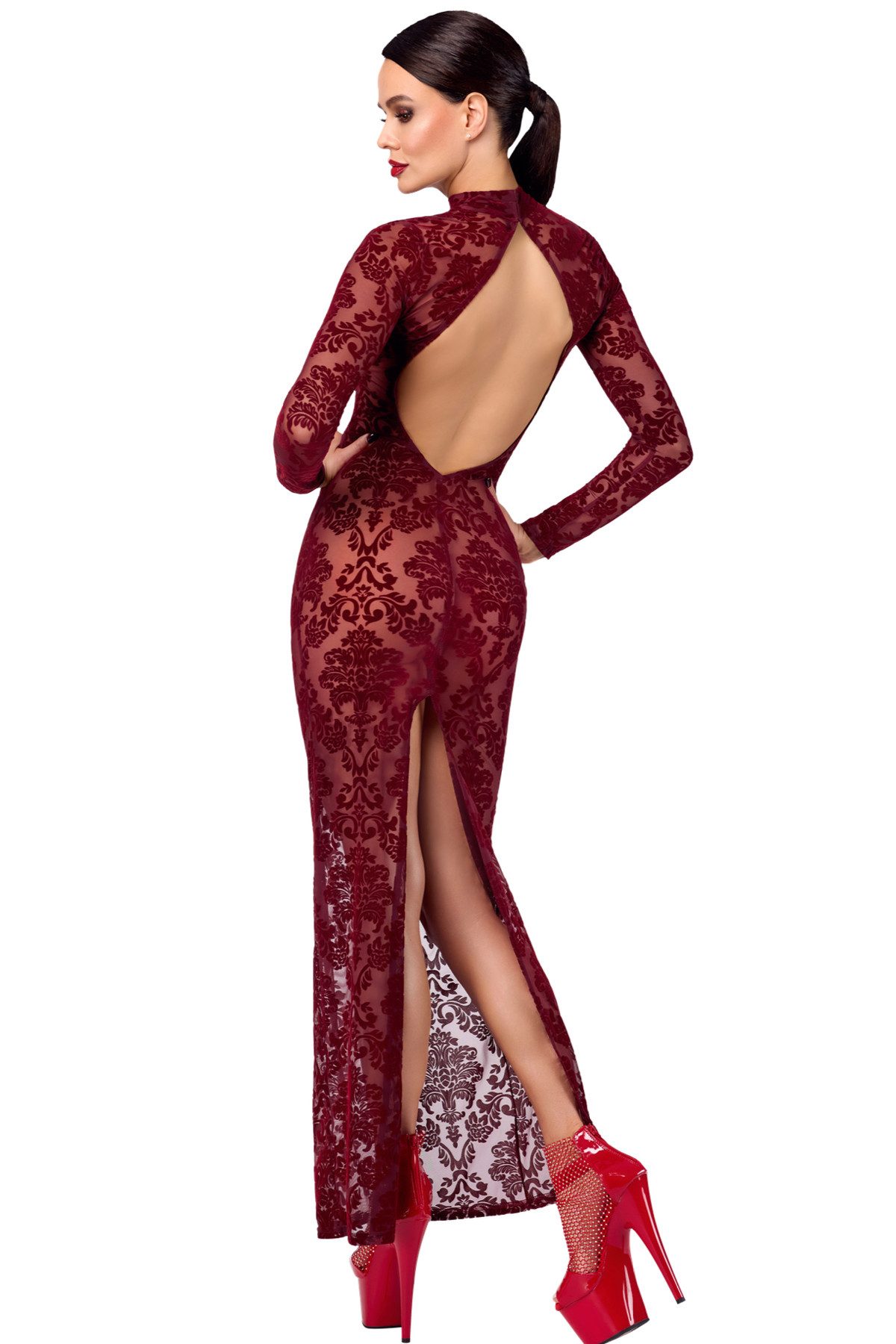 Noir Handmade Minikleid Damen Tüll Kleid rot mit Netz und Ausschnitt transparent offen Rückena