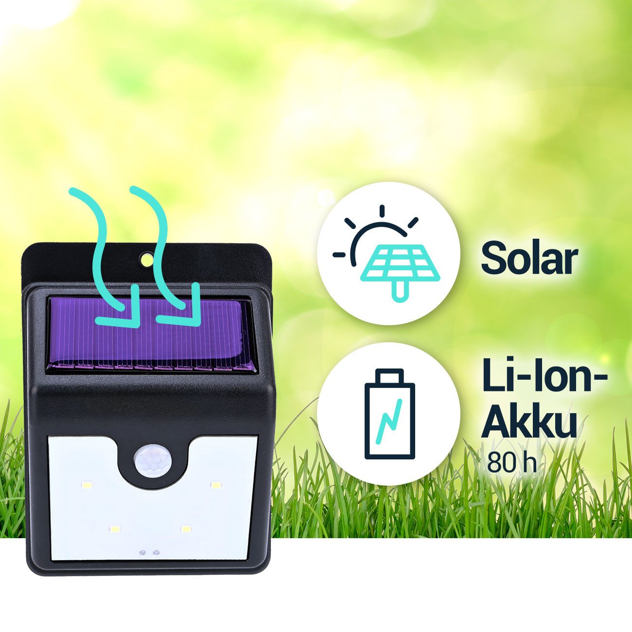 Casativo LED Solarleuchte LED-Solar-Wandstrahler mit Bewegungssensor, IP44 Aussenleuchte, 4 SMD-LEDs mit jeweils 0,2 W, insgesamt 50 Lumen – Bild 4 von 5