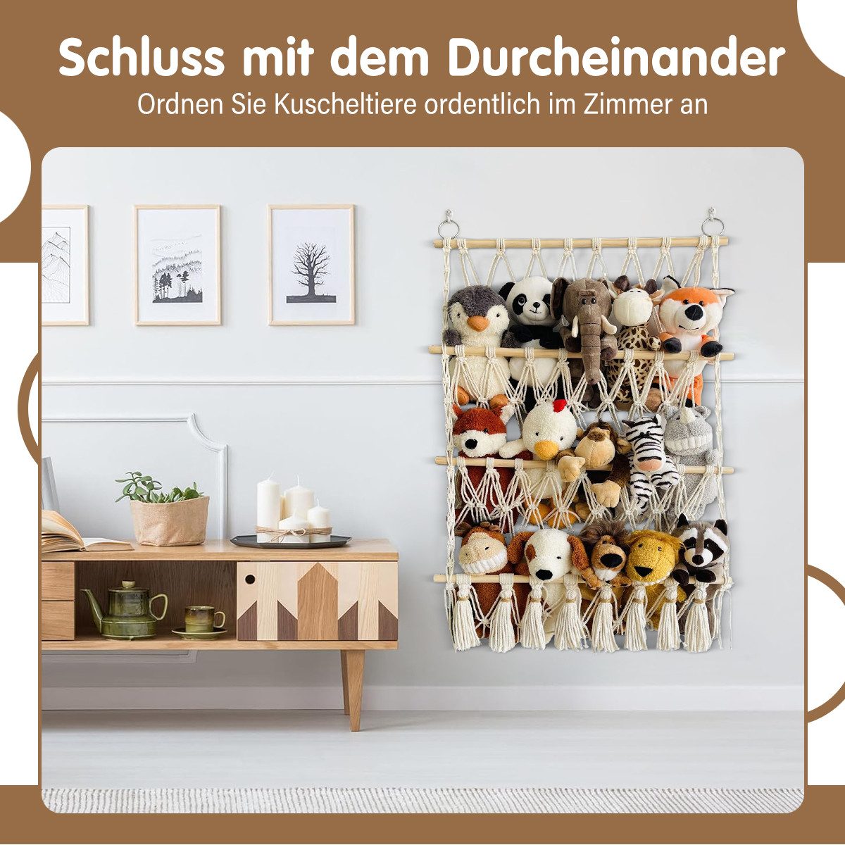 MOPUEA Hängekorb Spielzeug Aufbewahrung Netz Stofftier-Organizer Handgefertig (mit Quasten Stofftier-Hängekorb aus Baumwollseil und Kiefernholz, 1 St., Vielseitiger Boho Spielzeug Organizer für Kinderzimmer, Schlafzimmer), dreistufig, Einfache Installation und große Lagerkapazität
