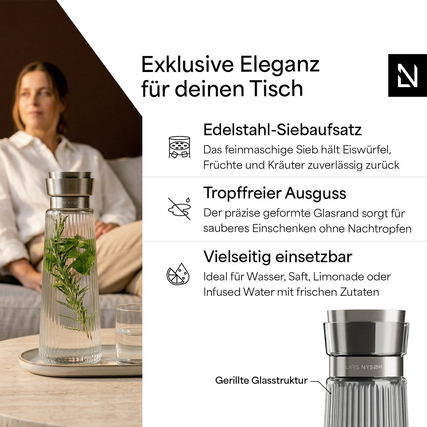 LARS NYSØM Wasserkaraffe Bækvand, (1-tlg), Glaskaraffe 1 l mit Edelstahldeckel und integriertem Sieb