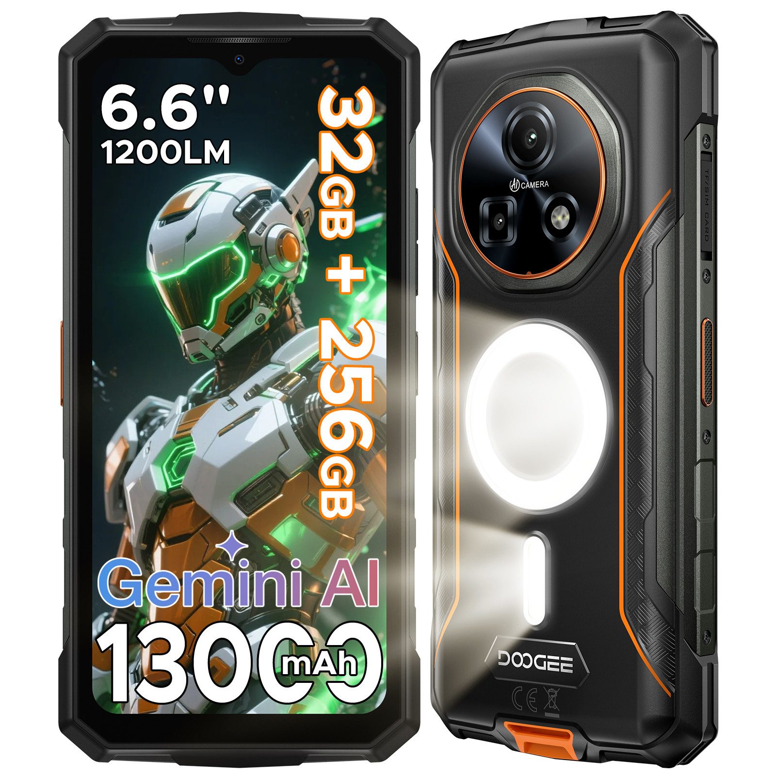 DOOGEE Fire 5 Ultra Outdoor Handy, 256GB ROM, 13000mAh, 1200LM Dual Smartphone (6.6 Zoll, 256 GB Speicherplatz, 6.6" HD+90Hz, 48MP Kamera, 8GB RAM, Android 15, AI, NFC, GPS)