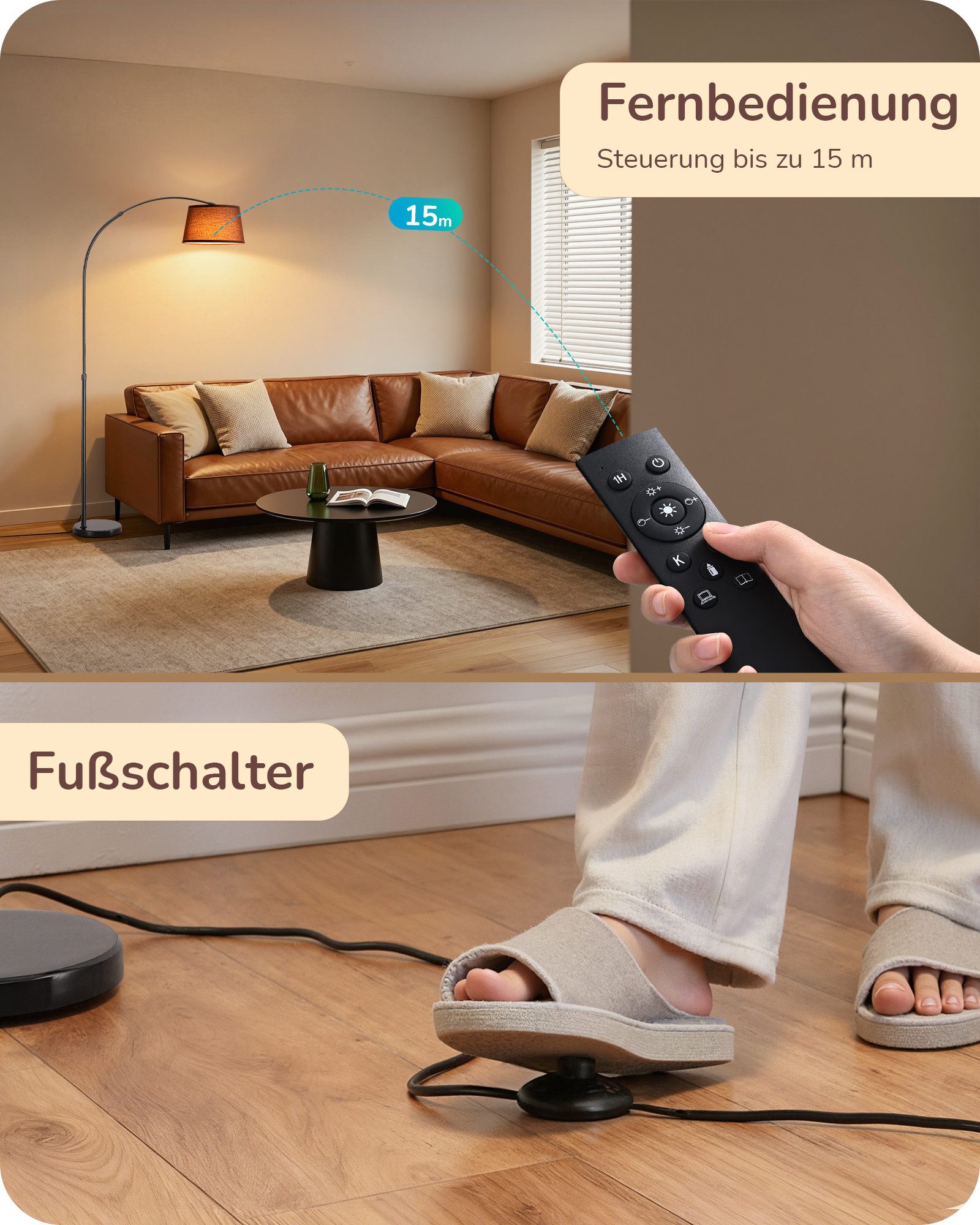 EDISHINE Stehlampe Wohnzimmer dimmbar, Standleuchte Höhenverstellbar, LED wechselbar, kaltweiß bis warmweiß dimmbar, LED Bogenlampe mit Fernbedienung