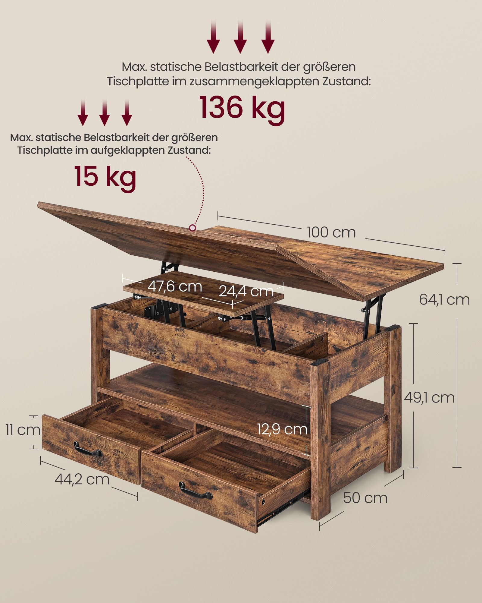 VASAGLE Couchtisch höhenverstellbarer Wohnzimmertisch, für Wohnzimmer, Homeoffice (Doppel-Hebemechanismus, inkl. Zubehörpaket & Anleitung), 2 Schubladen und 3 Fächer unter der Tischplatte, 1 offenes Fach