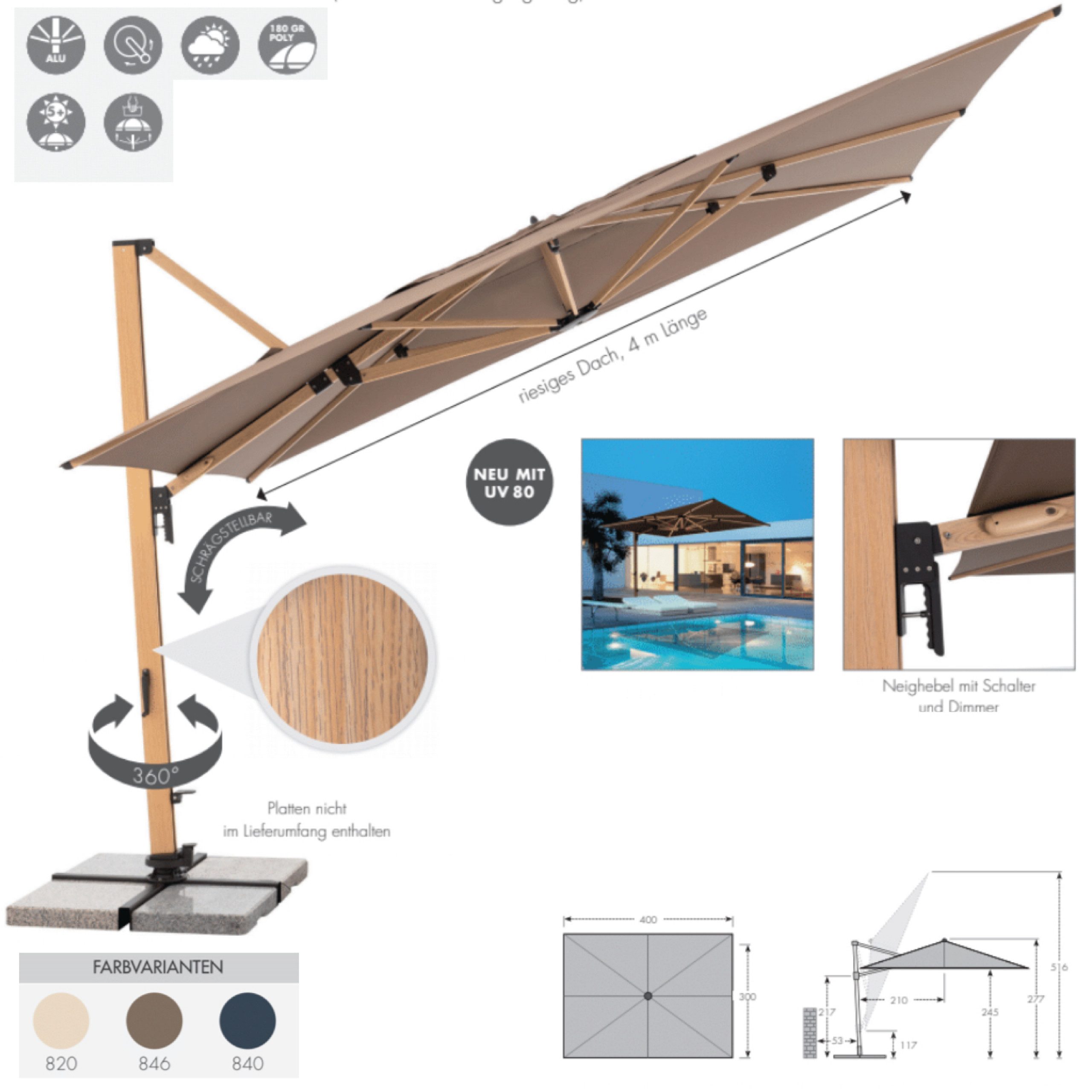 Doppler Schirme Sonnenschirm Doppler Alu Wood XL LED ULTRA 400 x 300 cm Pendelschirm Holzoptik