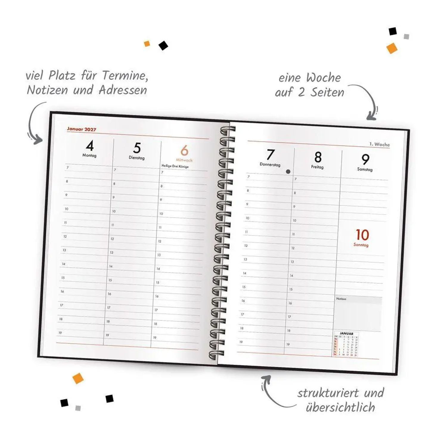 Trötsch Verlag Taschenkalender TRÖTSCH - Wochenplaner A5 mit Wire-O Schwarz 2027