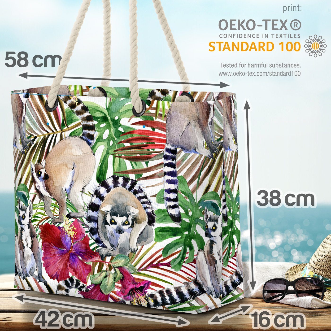 VOID Strandtasche (1-tlg), Lemuren Dschungel Beach Dschungel Blumen-Muster Affen Bag Zoo Ur-Wald Wild-Tier