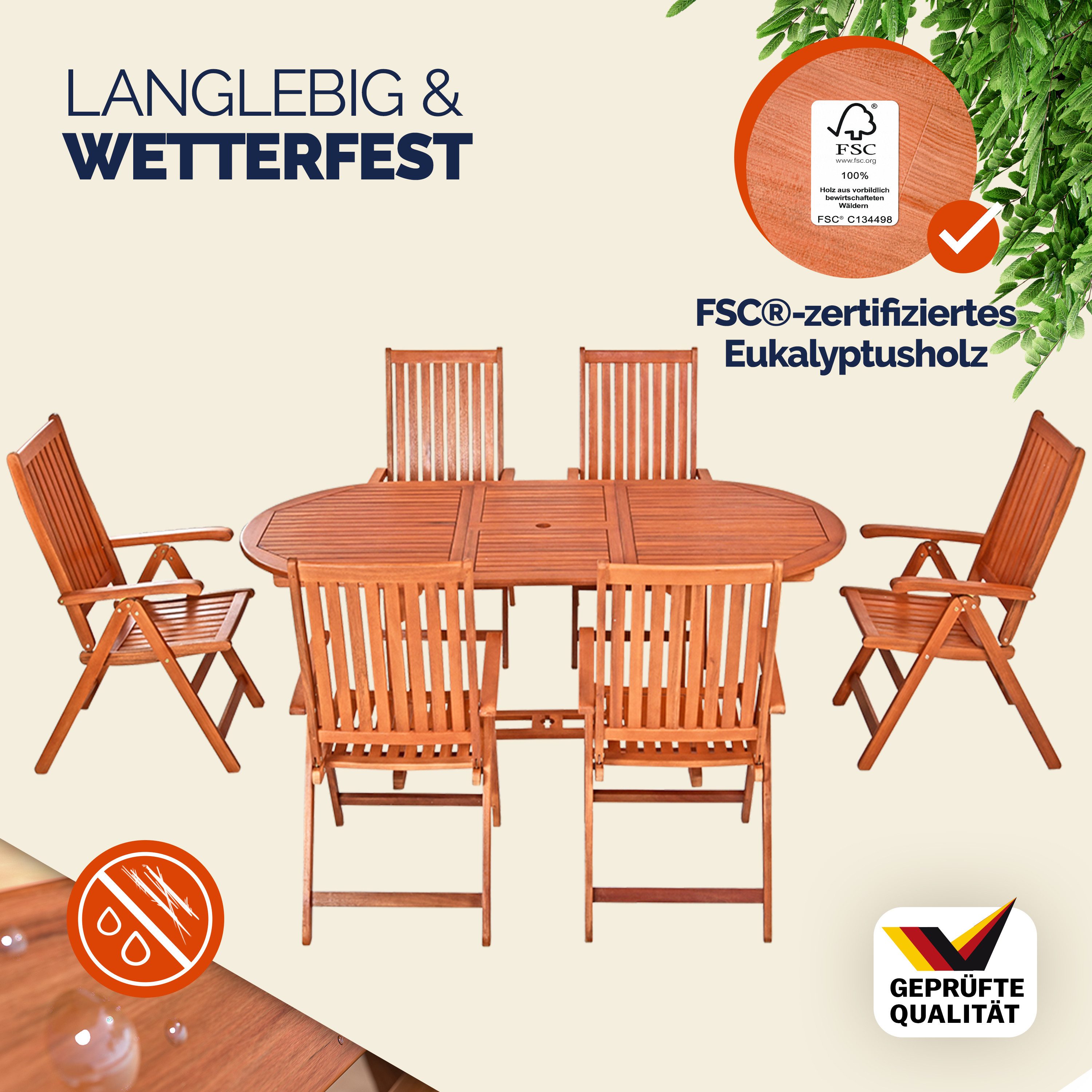 Casaria Sitzgruppe, Holz 6 Stühle mit Tisch Wetterfest FSC®-zertifiziert Sc günstig online kaufen