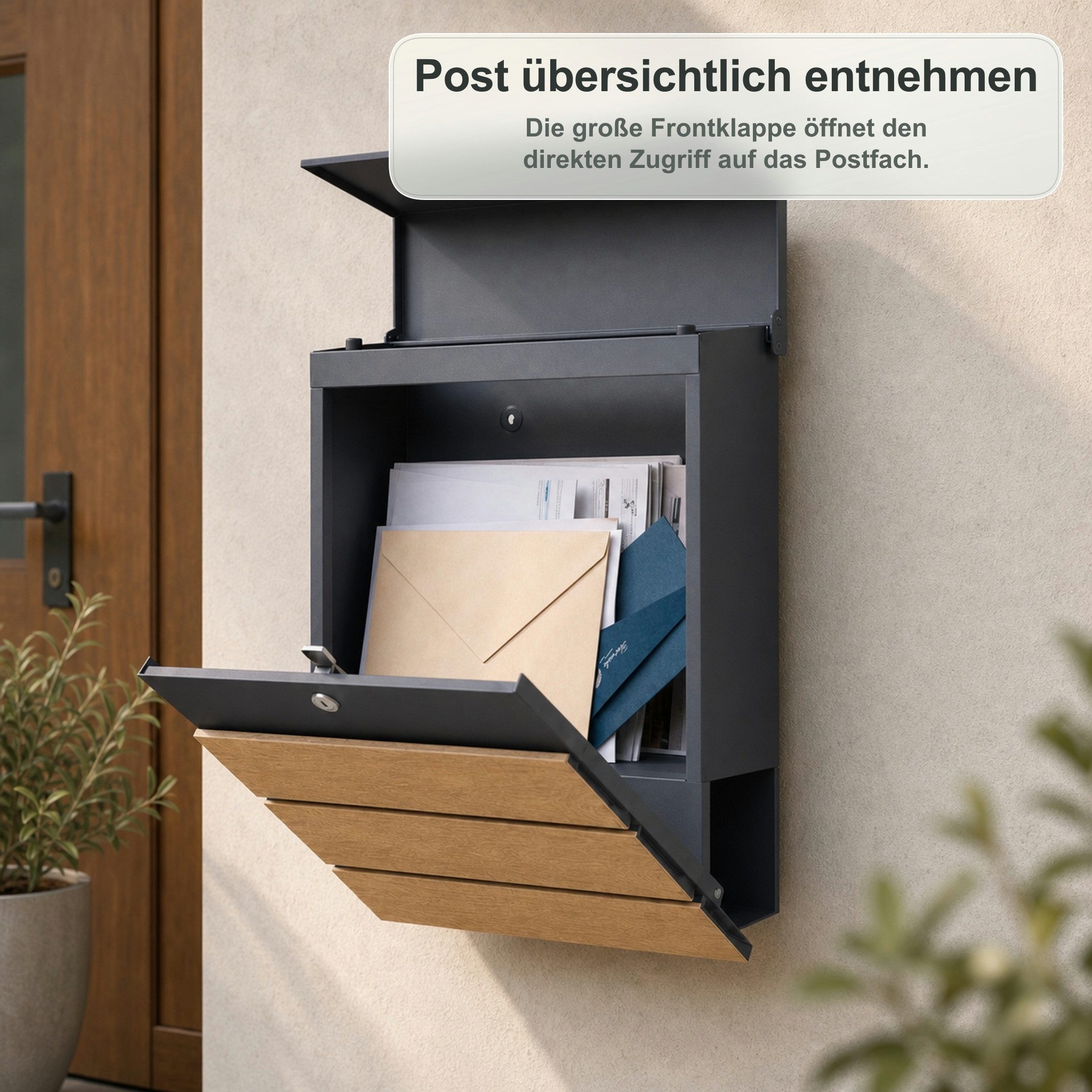 Kubus Briefkasten Rayan aus verzinktem Stahl mit Zeitungsfach & Holzoptik, 2 Schlüssel inklusive, Abgedecktes Zylinderschloss – Bild 4 von 5