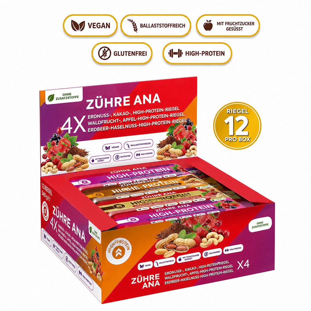 Zühre Ana® Riegel Proteinriegel Mix Box 12x – Vegan, Glutenfrei, Ohne Zuckerzusatz, 420 g, Proteinreicher, leckerer Snack, 35gr x 12 Stück