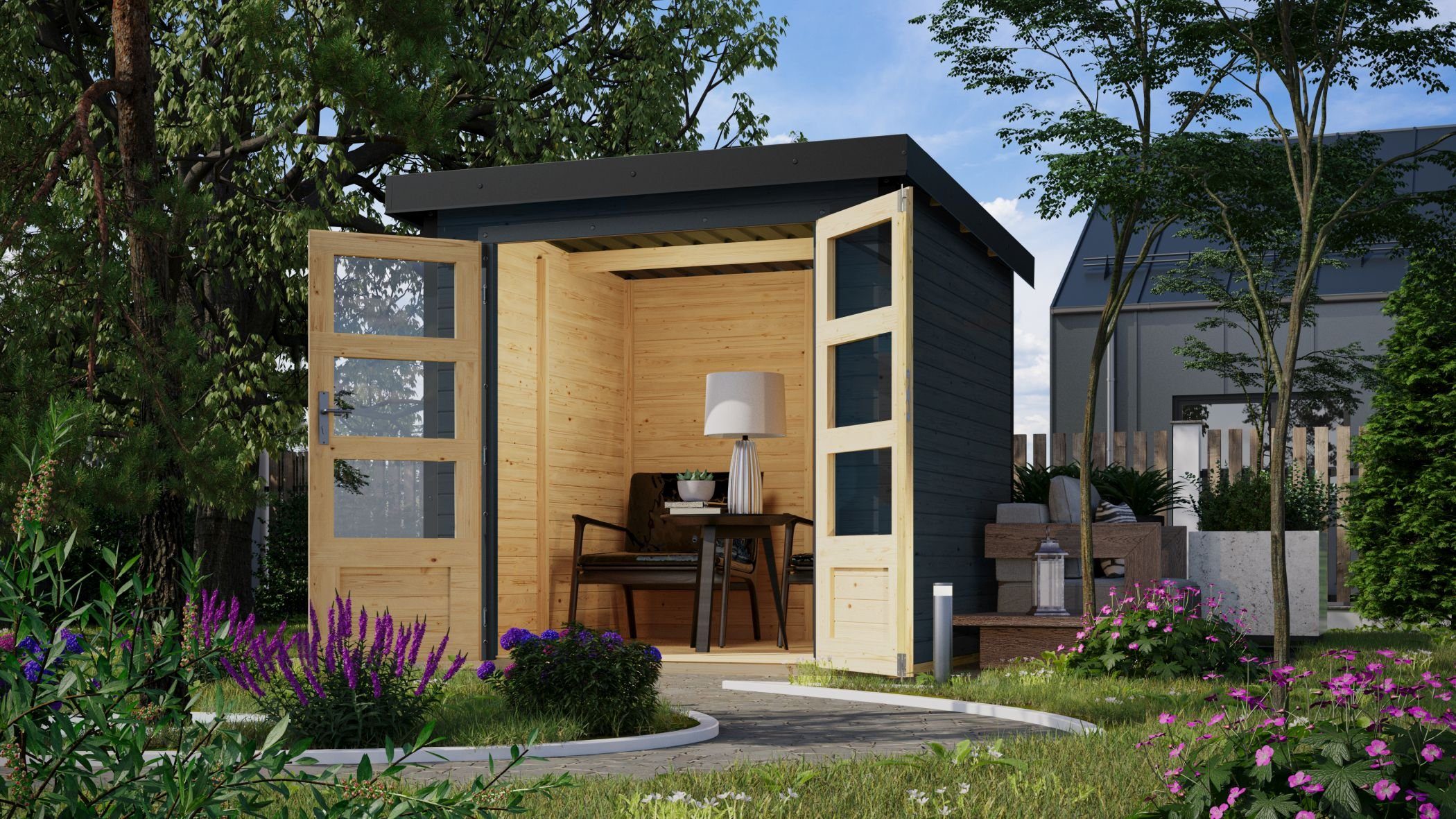 Karibu Gartenhaus Hybrid Gartenhaus Hollywood C anthrazit inkl. Fußboden, BxT: 217.5x213.5 cm, (1 Stück, inkl. Fußboden), Ideal für DIY-Heimwerker
