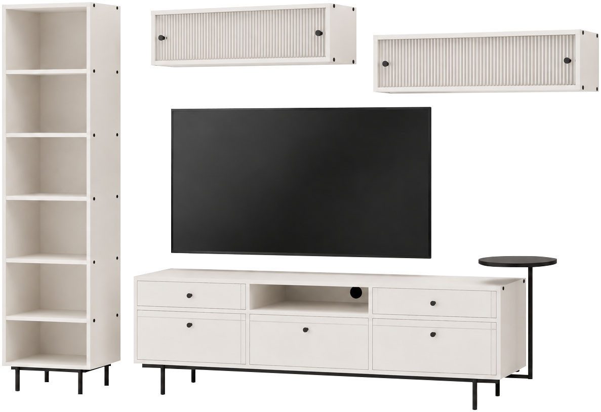 Home affaire Wohnwand Arrocco: 4-teilige Wohnwang, Wohnzimmer, viel Stautraum,5 Schubladen, (5-St., TV Schrank, Regal, 2x Hängeschrank), Design-Set mit schwarzen Akzenten, Riffelglas & Kabeldurchführung