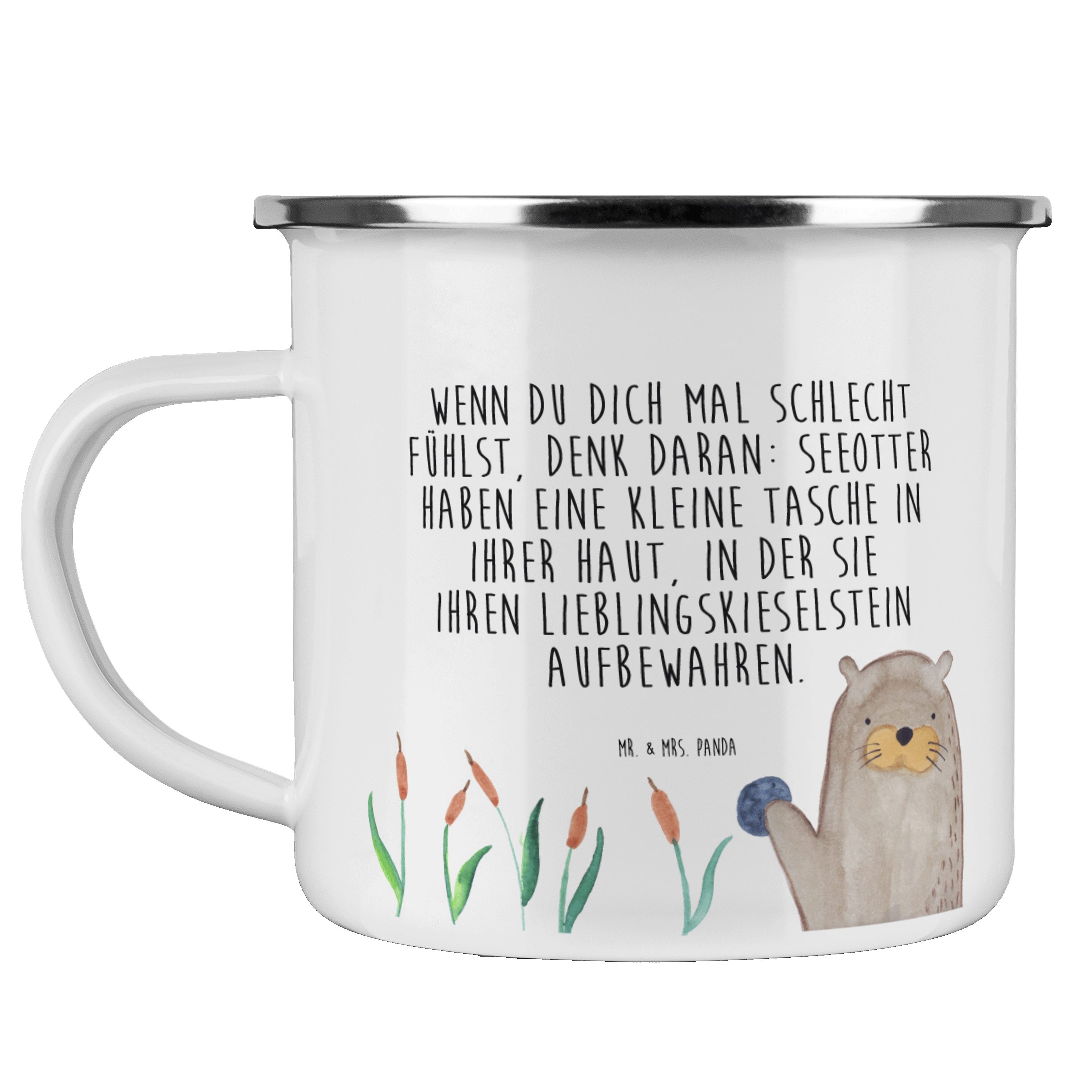 Mr. & Mrs. Panda Becher Otter mit Stein - Weiß - Geschenk, Trinkbecher, Seeotter, neugierig, Emaille