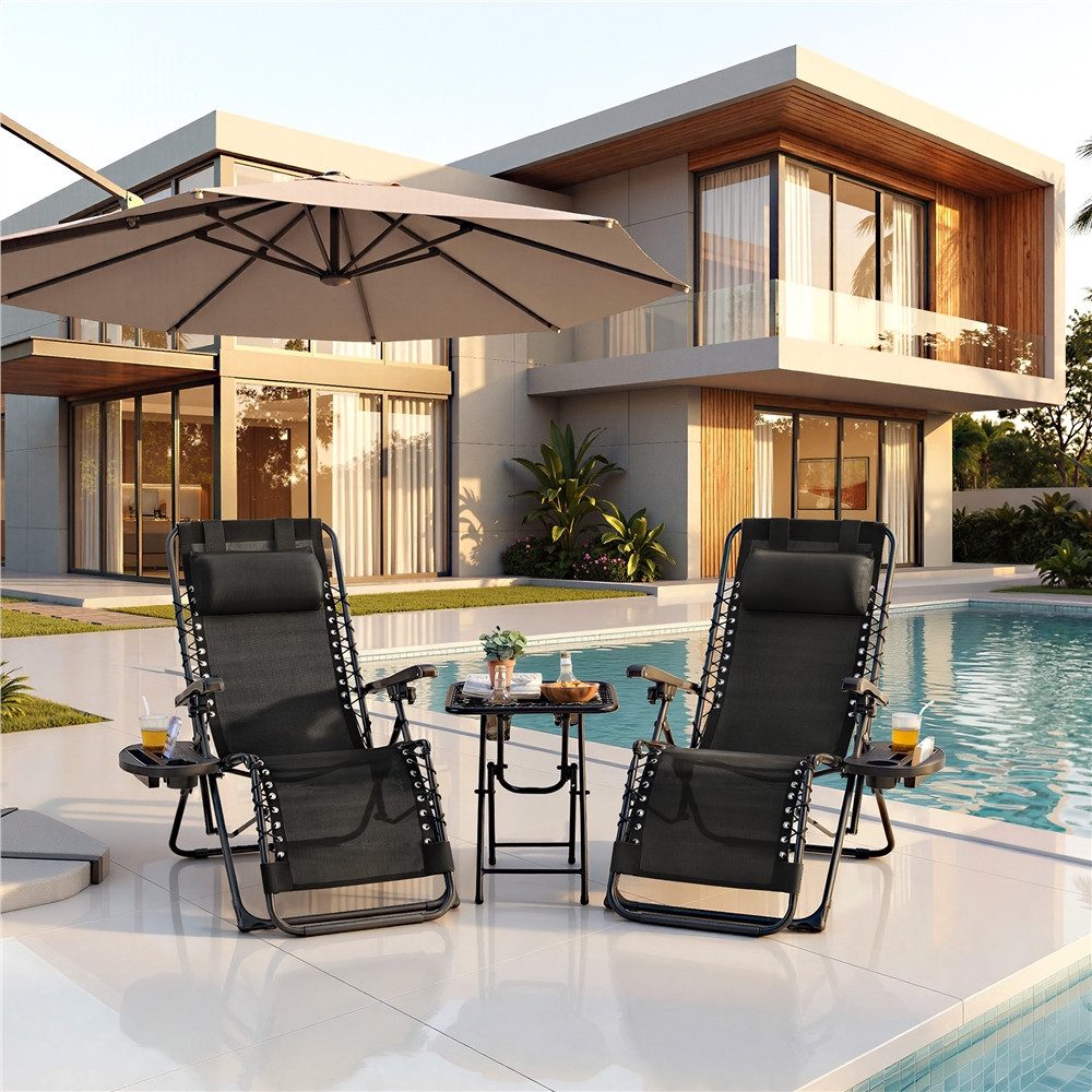Yaheetech Gartenliege 3 Stk. Gartenmöbel-Set aus Zero-Gravity-Liegestuhl & Klapptisch, 2 × Gartenliege, 1 × Klapptisch, Relaxliege Klappbar & Tragbar mit Auflage & Becherhalter & Kopfkissen