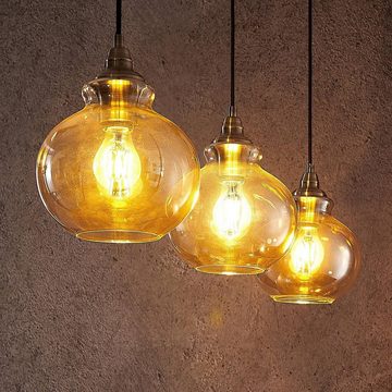 Lindby Hängeleuchte Tymoni, dimmbar, Leuchtmittel nicht inklusive, Vintage, Glas, Metall, amber, altmessing, 3 flammig, E27, Deckenlampe