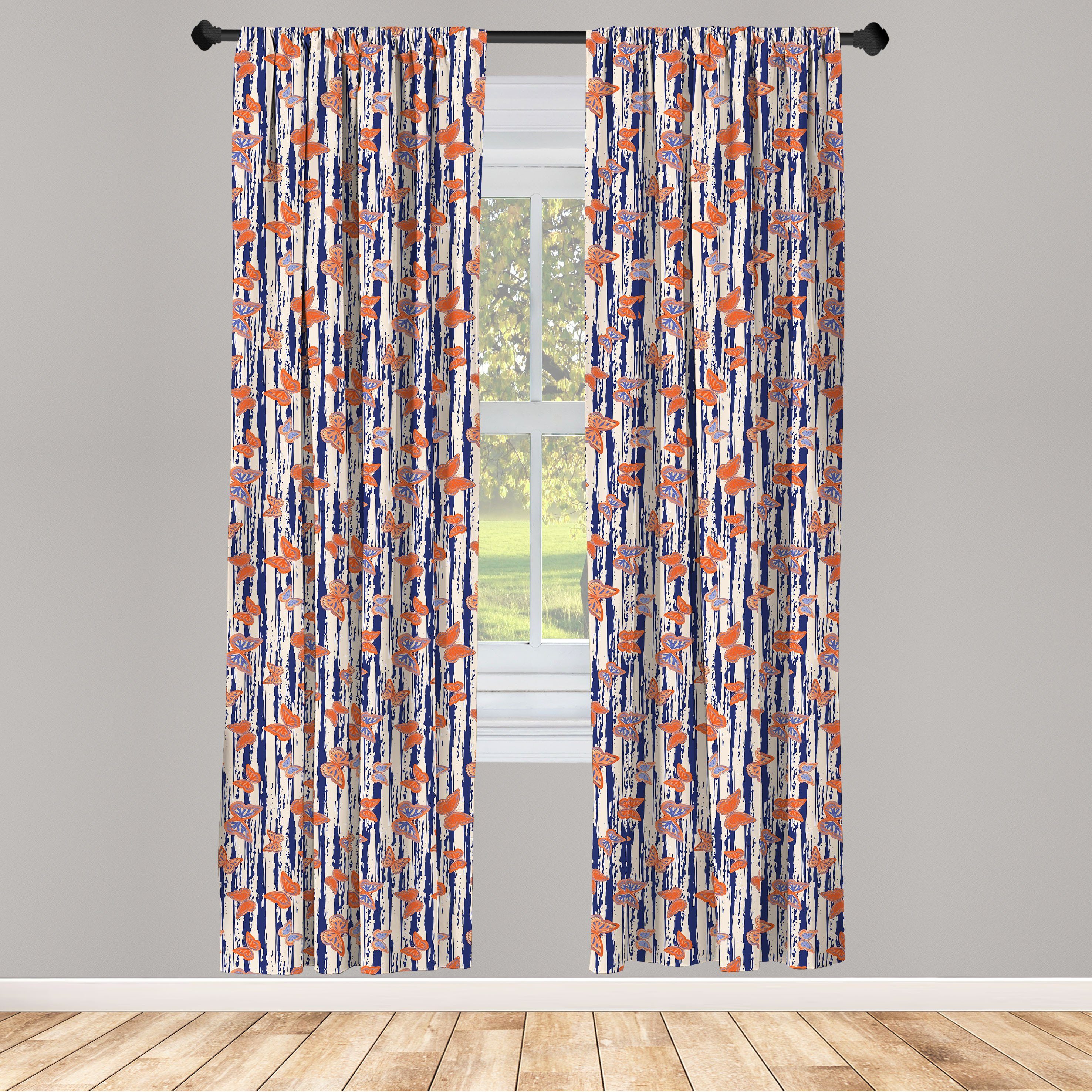 Gardine Vorhang für Wohnzimmer Schlafzimmer Dekor, Abakuhaus, Microfaser, Schmetterling Insekten auf Streifen | Fertiggardinen