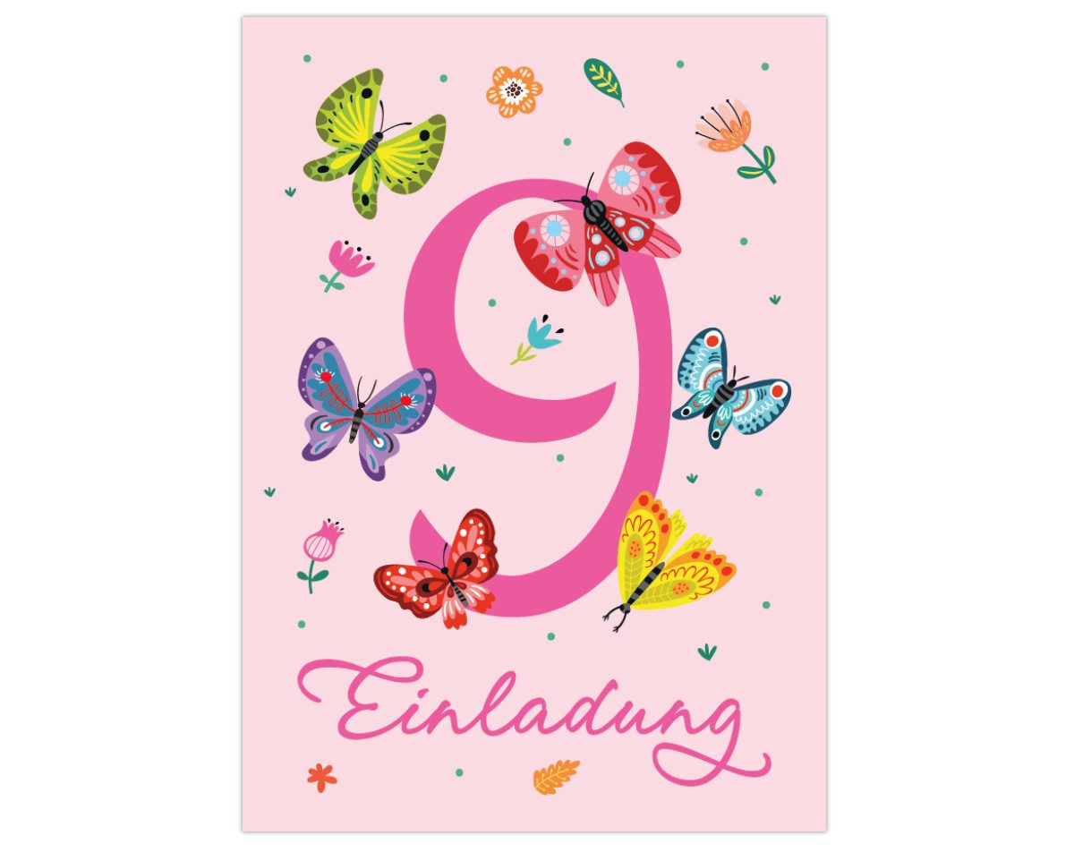 JUNAPACK Einladungskarten Schmetterling Einladungen zum 9. Kindergeburtstag Mädchen Karten, Einladungskarten mit Schmetterling zum neunten Kindergeburtstag