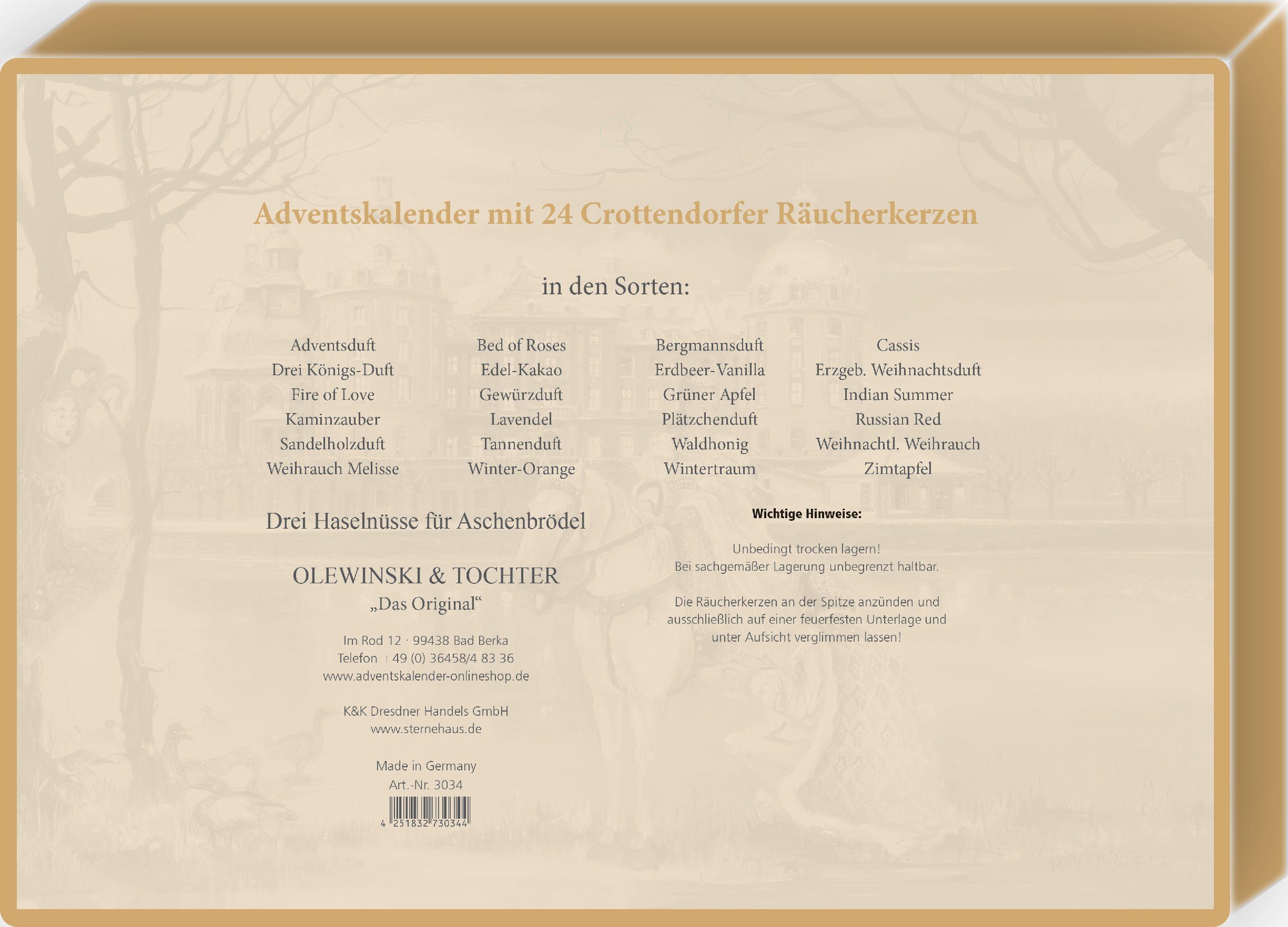 Olewinski & Tochter Adventskalender Räucherkerzen-Adventskalender, Motiv: Drei Haselnüsse für Aschenbrödel, Original Crottendorfer Räucherkerzen – Bild 2 von 2