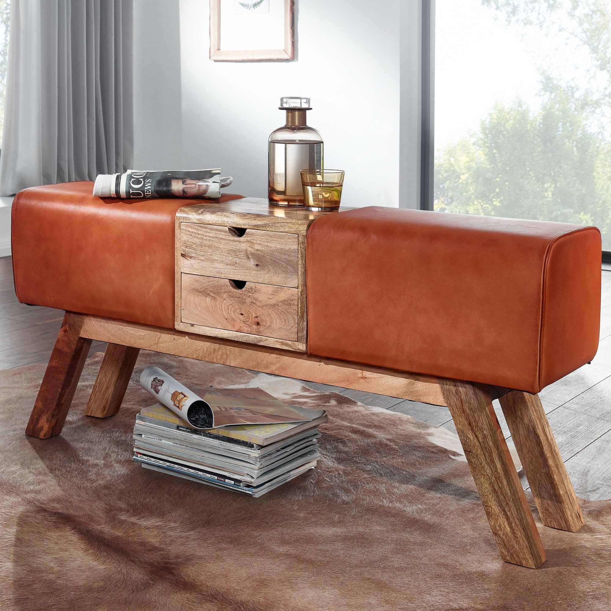 FINEBUY Sitzbank FB72073 Turnbock Echtleder 120 cm Springbock Stauraum Turnhocker Bank (Flur Polsterbank mit Stauraum, Lederbank Braun), Ziegenleder / Massivholz Bank 120x56x30 cm Retro