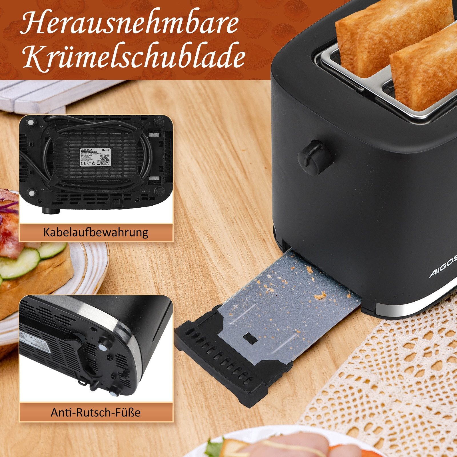 Aigostar Frühstücks-Set Edelstahl Wasserkocher 1,7L / 2-Scheiben Langschlitz Toaster, Schwarz, Elegantes Design & starke Leistung, Komfortabel im Alltag – Bild 5 von 5