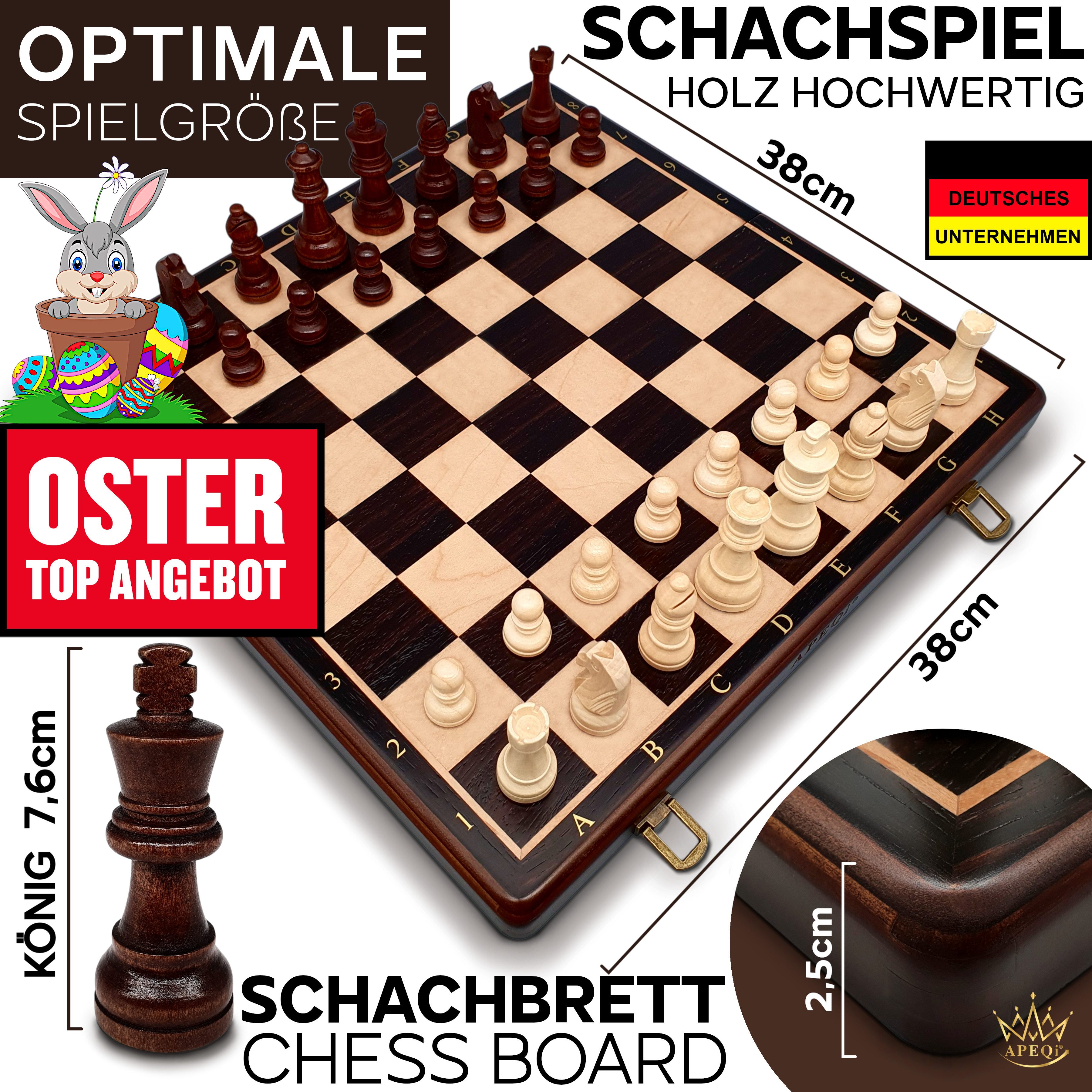 APEQi Spiel PREMIUM Schach - Schachspiel Holz hochwertig - Schachbrett mit Figuren, Massivholz, 2 EXTRA-Damen, Geschenkidee, klappbar, 34 Schachfiguren