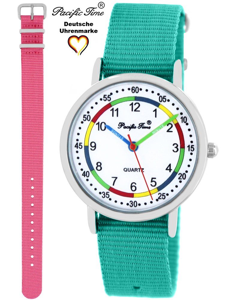Pacific Time Quarzuhr Set Lernuhr Design Versand - Gratis First und und Match Mix Wechselarmband, rosa Kinder Armbanduhr türkis