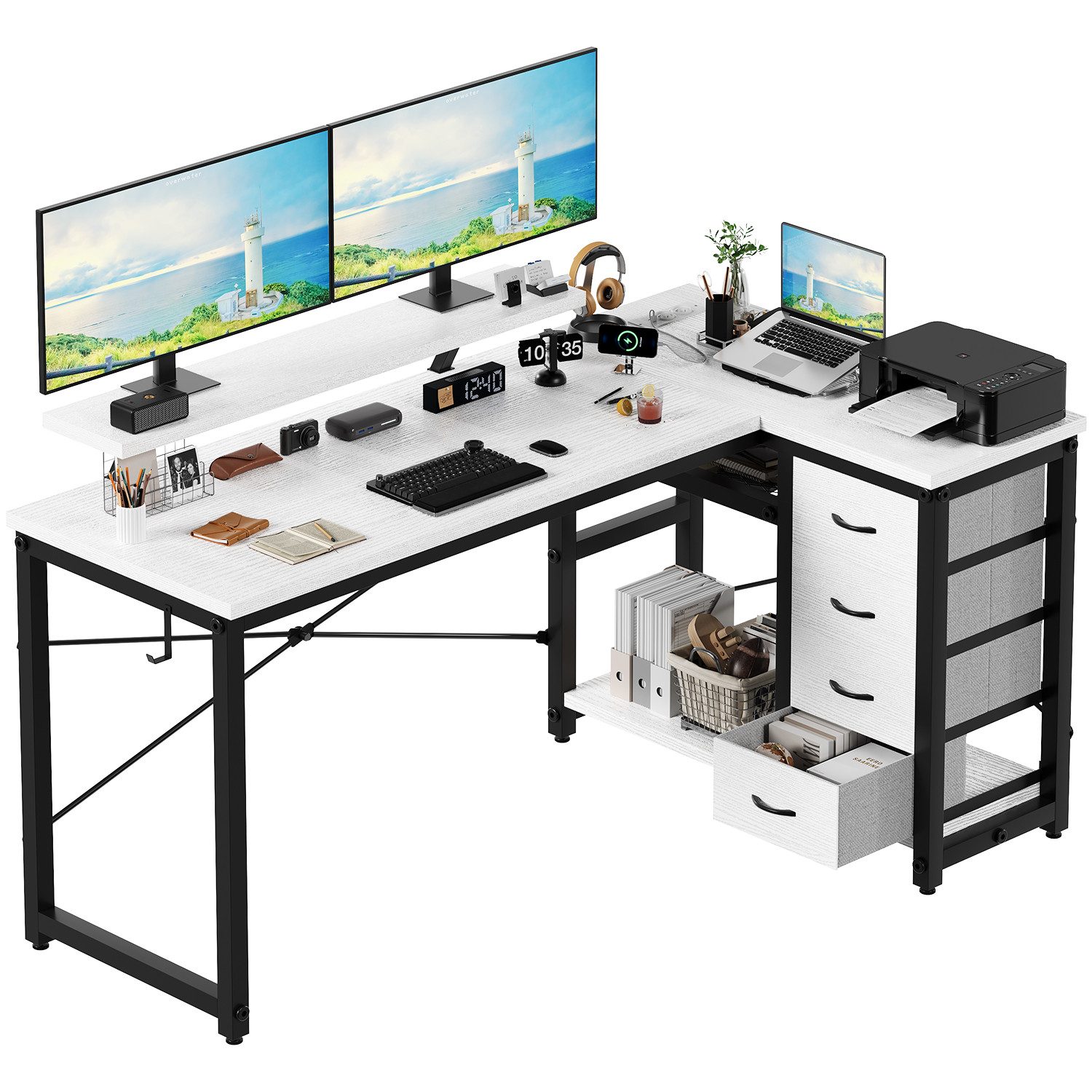 HOMALL Eckschreibtisch 140/160 cm Schreibtisch mit Schubladen, Monitorhalterung, Gaming-Tisch (Verfugt ber ver Schubladen eine Haupteinhert Halterung verstellbare FuBe mt rutschfesten Polstern und st berdsetig monterbar)