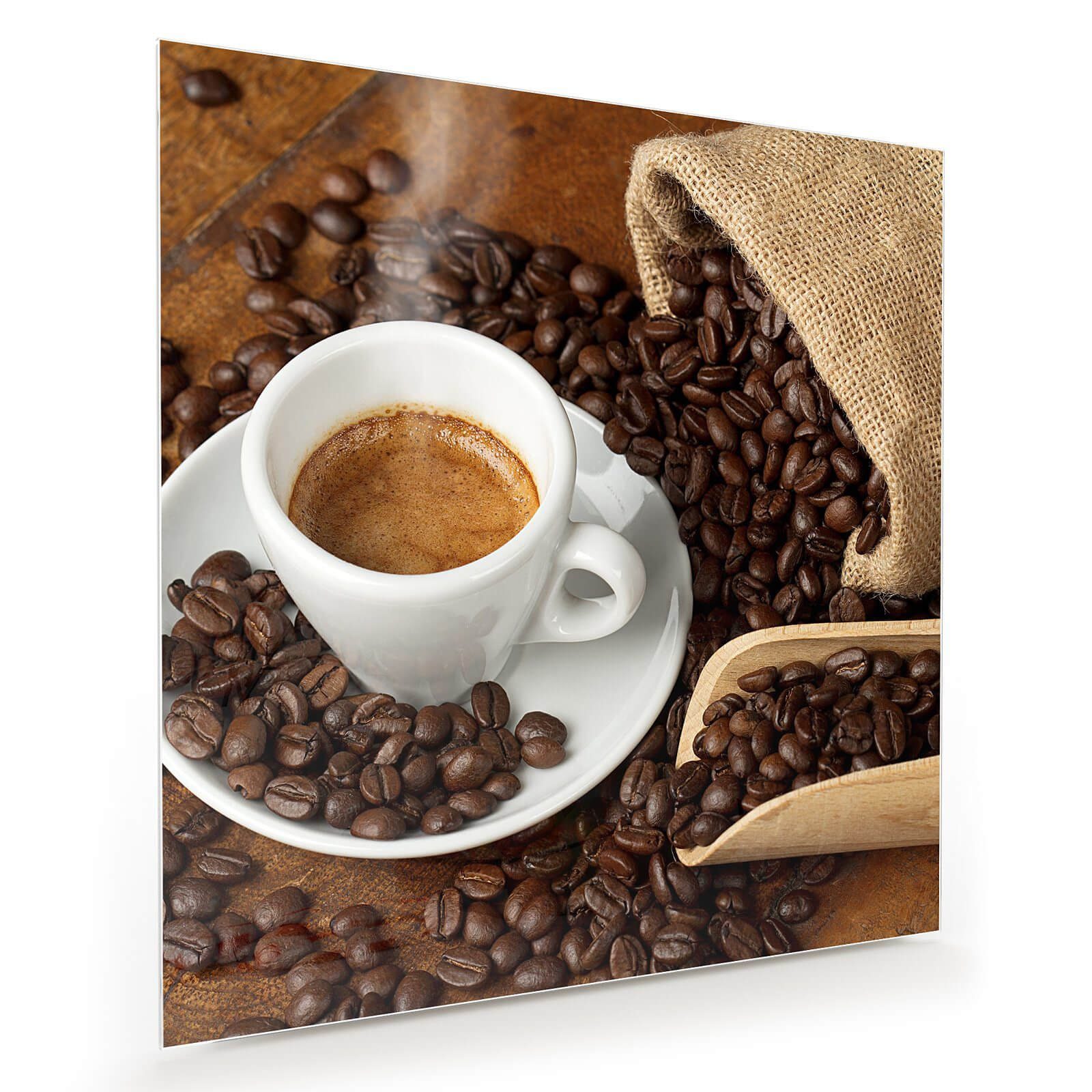 Glasbild Wandbild Quadratisch Kaffee und Löffel mit Aufhängung