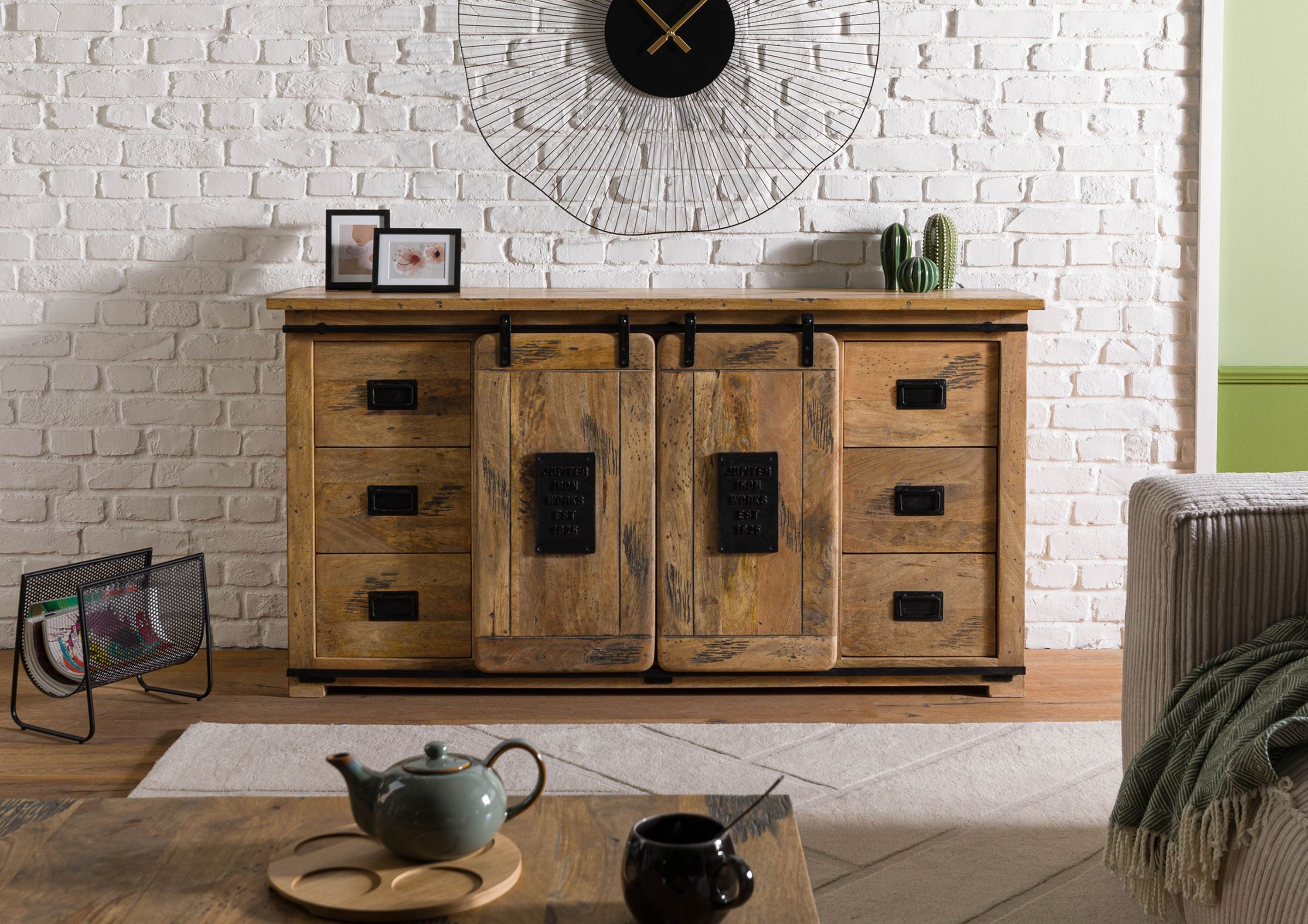 Massivmoebel24 Sideboard RAILWAY (Massivholz), Sideboard Mango 170x45x90 natur lackiert RAILWAY #193
